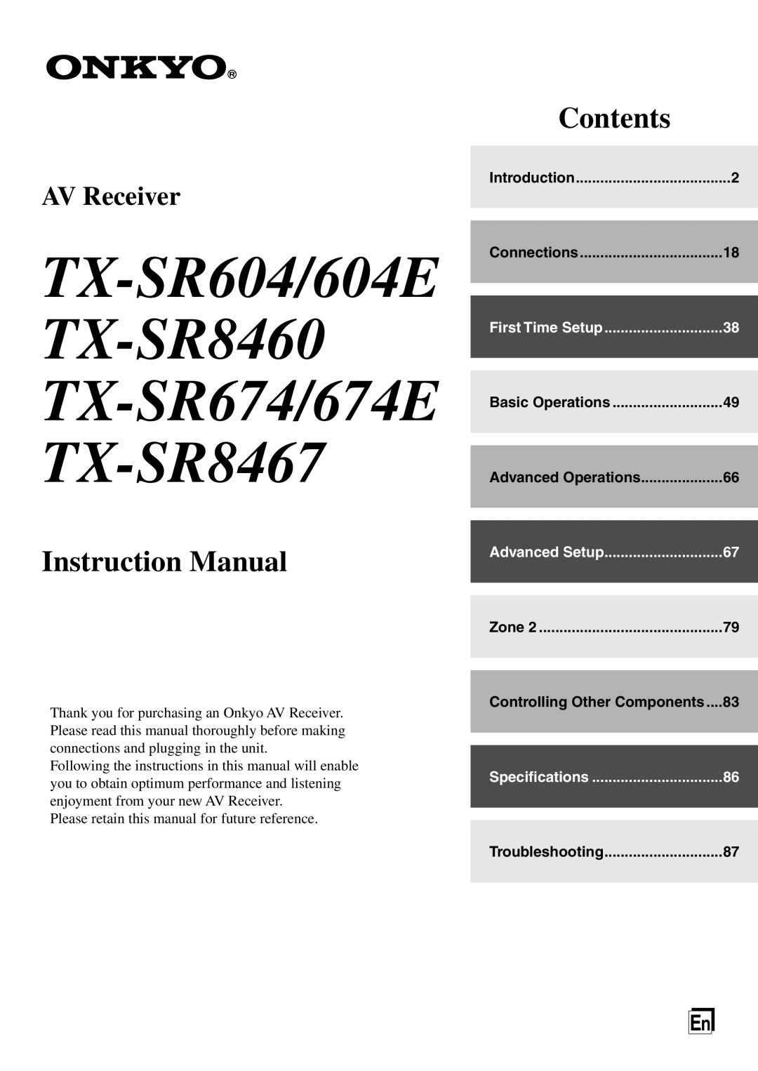 Onkyo instruction manual TX-SR604/604E TX-SR8460 TX-SR674/674E TX-SR8467 