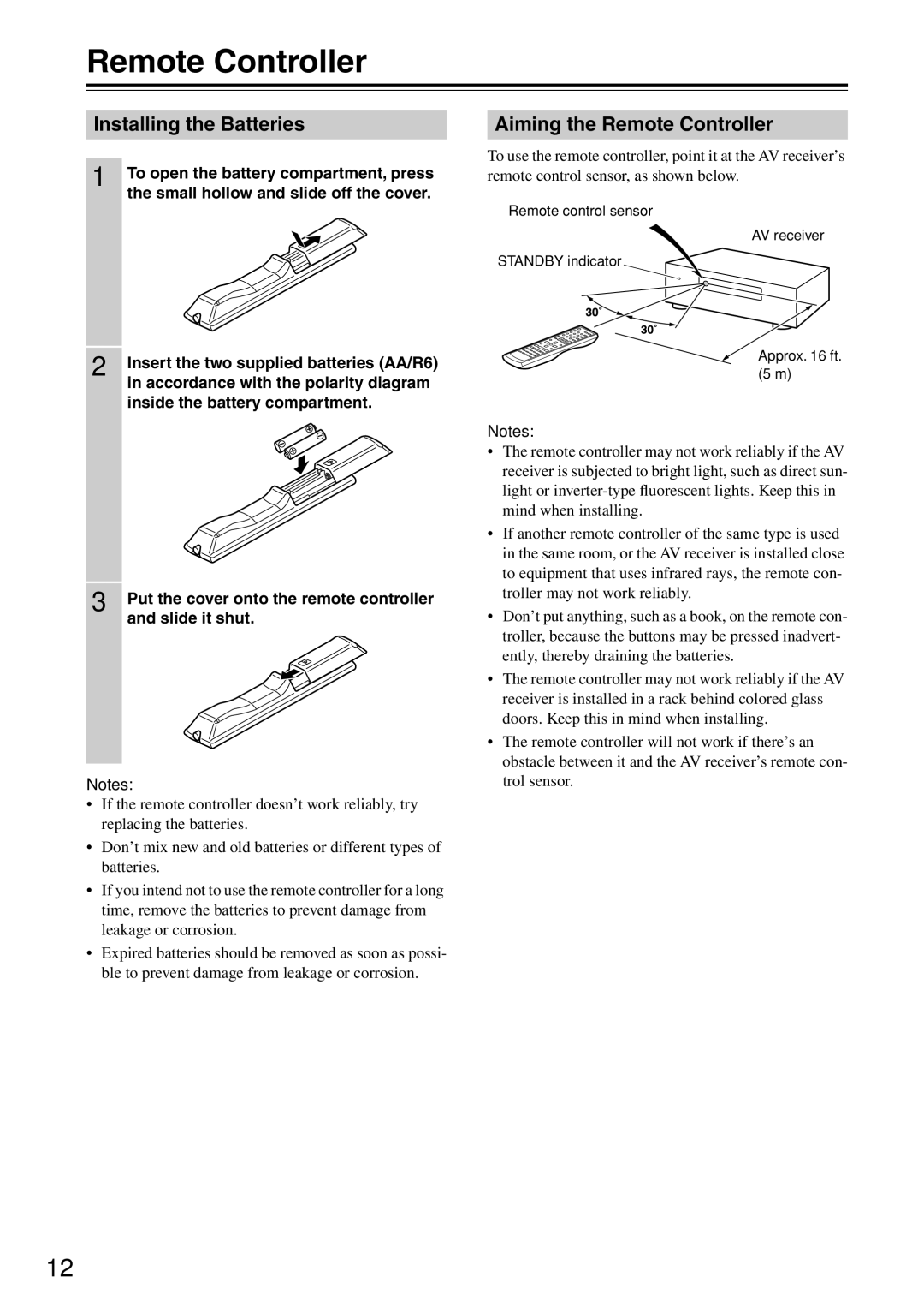 Onkyo TX-SR604/604E, TX-SR674/674E instruction manual Installing the Batteries, Aiming the Remote Controller 