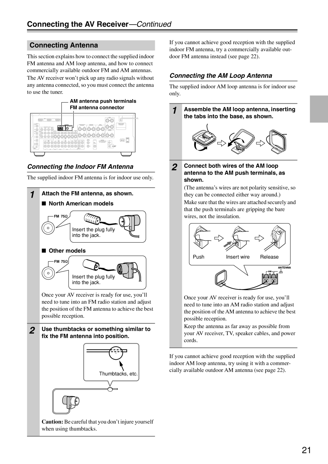 Onkyo TX-SR674/674E Connecting Antenna, Connecting the Indoor FM Antenna, Connecting the AM Loop Antenna, Other models 