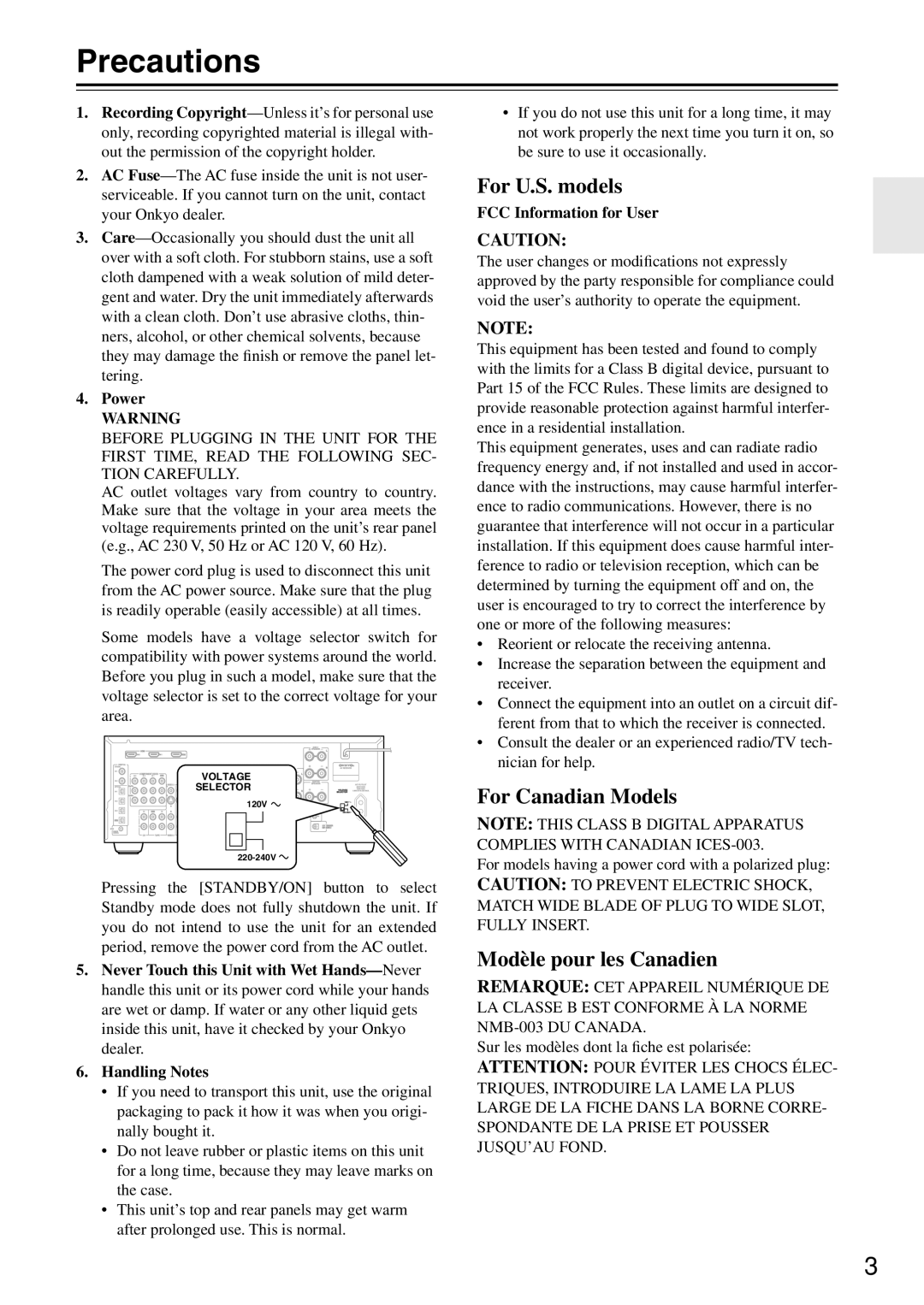 Onkyo TX-SR674/674E Precautions, Power, FCC Information for User, For models having a power cord with a polarized plug 