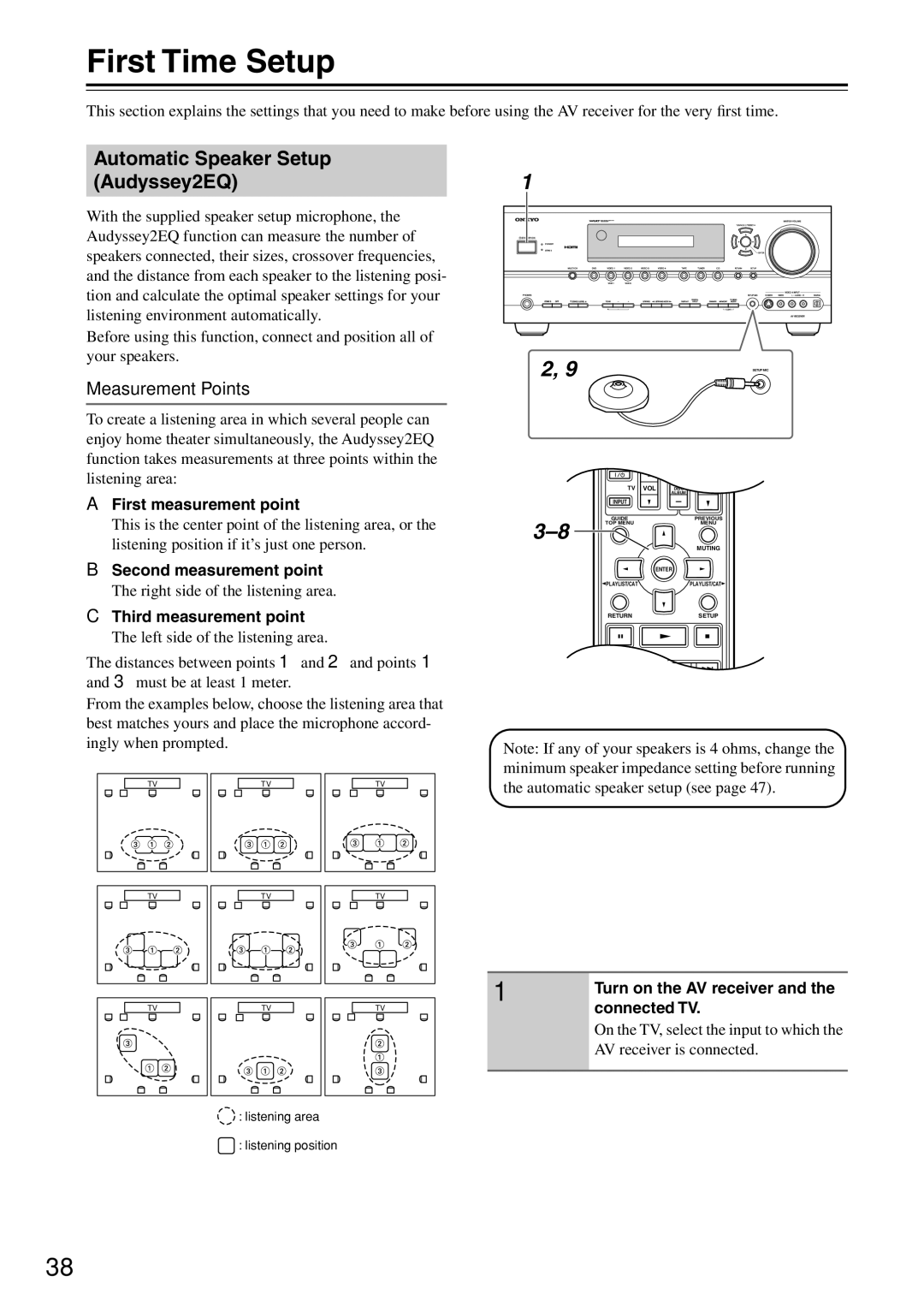 Onkyo TX-SR604/604E, TX-SR674/674E First Time Setup, Automatic Speaker Setup Audyssey2EQ, Measurement Points 