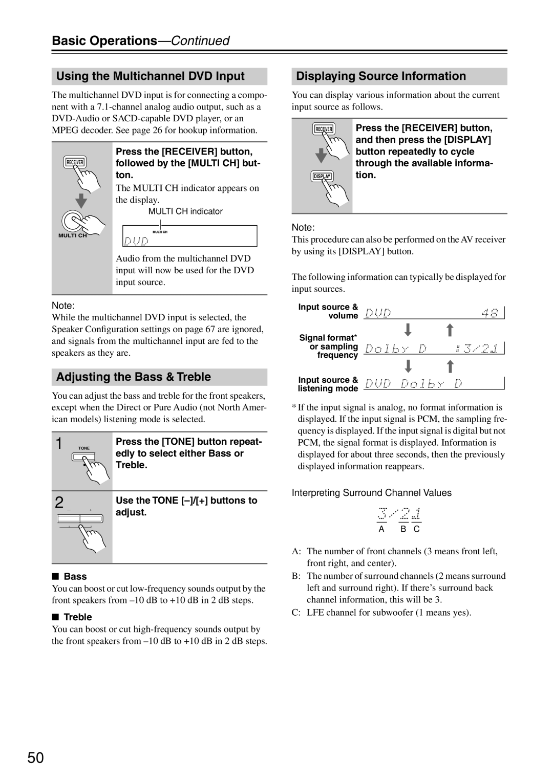 Onkyo TX-SR604/604E, TX-SR674/674E Basic Operations, Using the Multichannel DVD Input, Displaying Source Information 