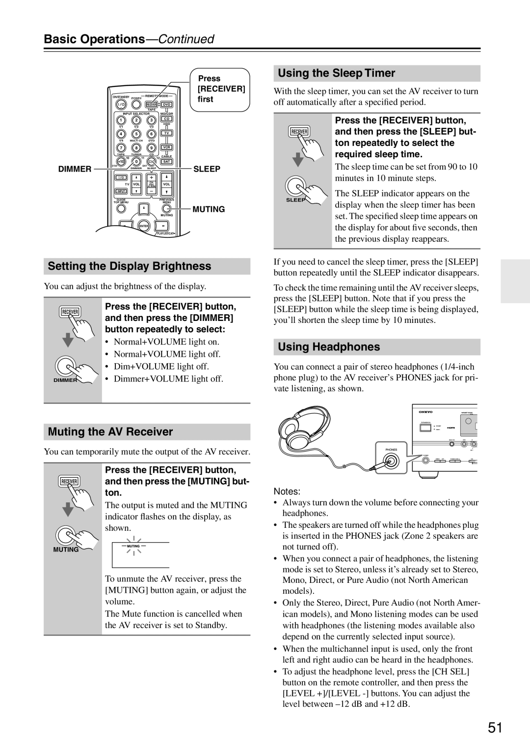 Onkyo TX-SR674/674E Using the Sleep Timer, Setting the Display Brightness, Using Headphones, Muting the AV Receiver 