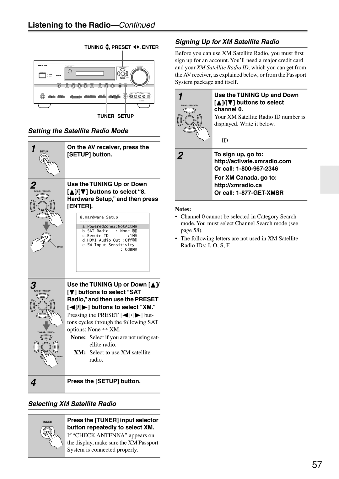 Onkyo TX-SR674/674E Setting the Satellite Radio Mode, Signing Up for XM Satellite Radio, Selecting XM Satellite Radio 