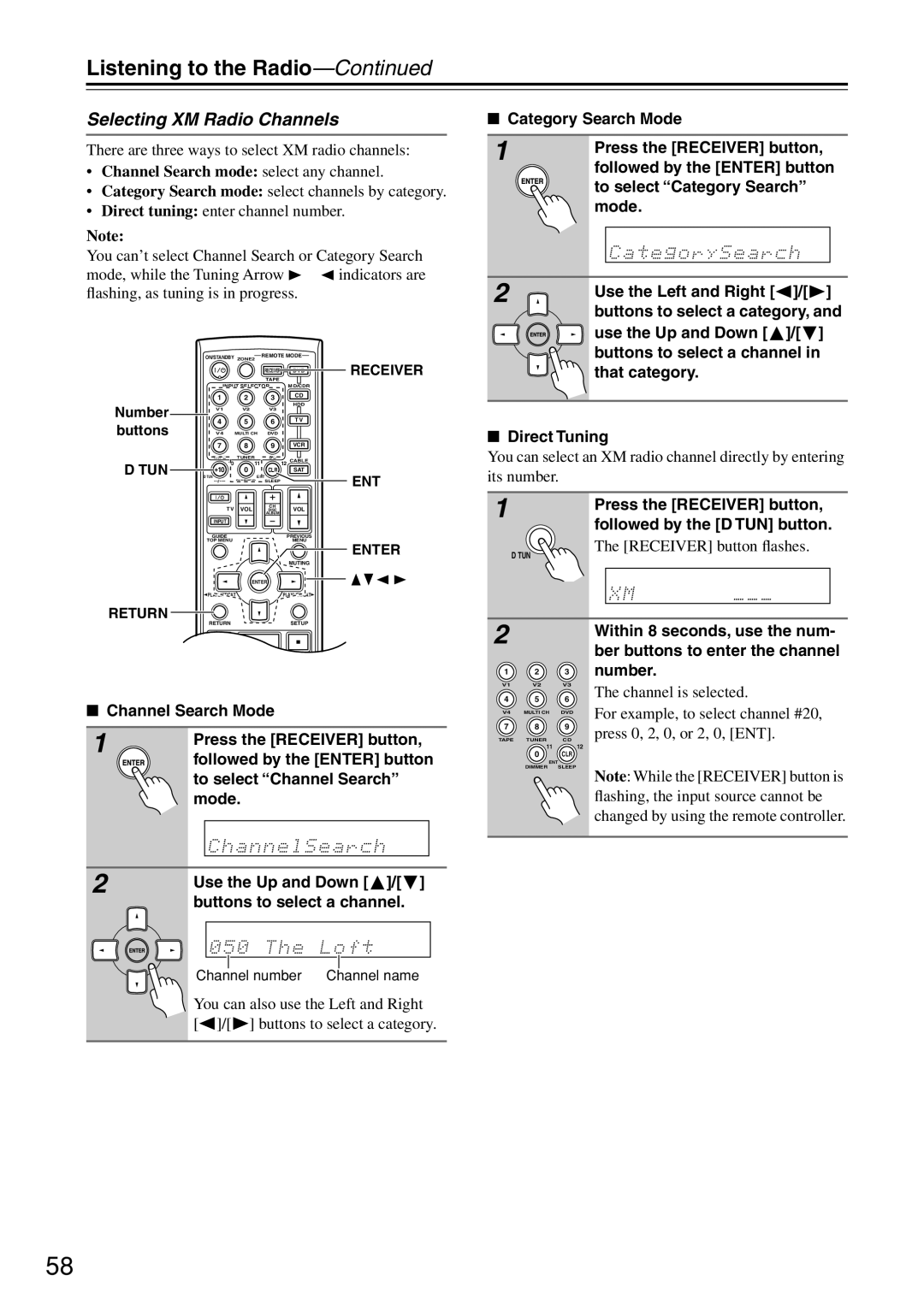 Onkyo TX-SR604/604E Selecting XM Radio Channels, There are three ways to select XM radio channels, Receiver button ﬂashes 