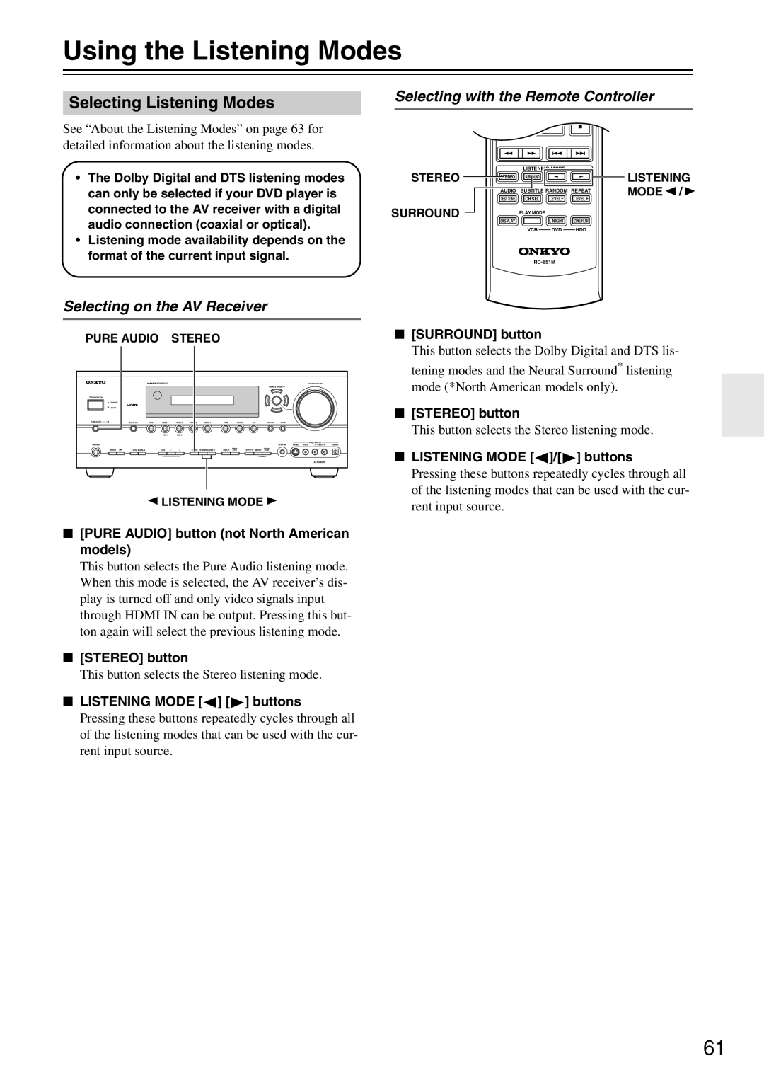 Onkyo TX-SR674/674E Using the Listening Modes, Selecting Listening Modes, Selecting with the Remote Controller 