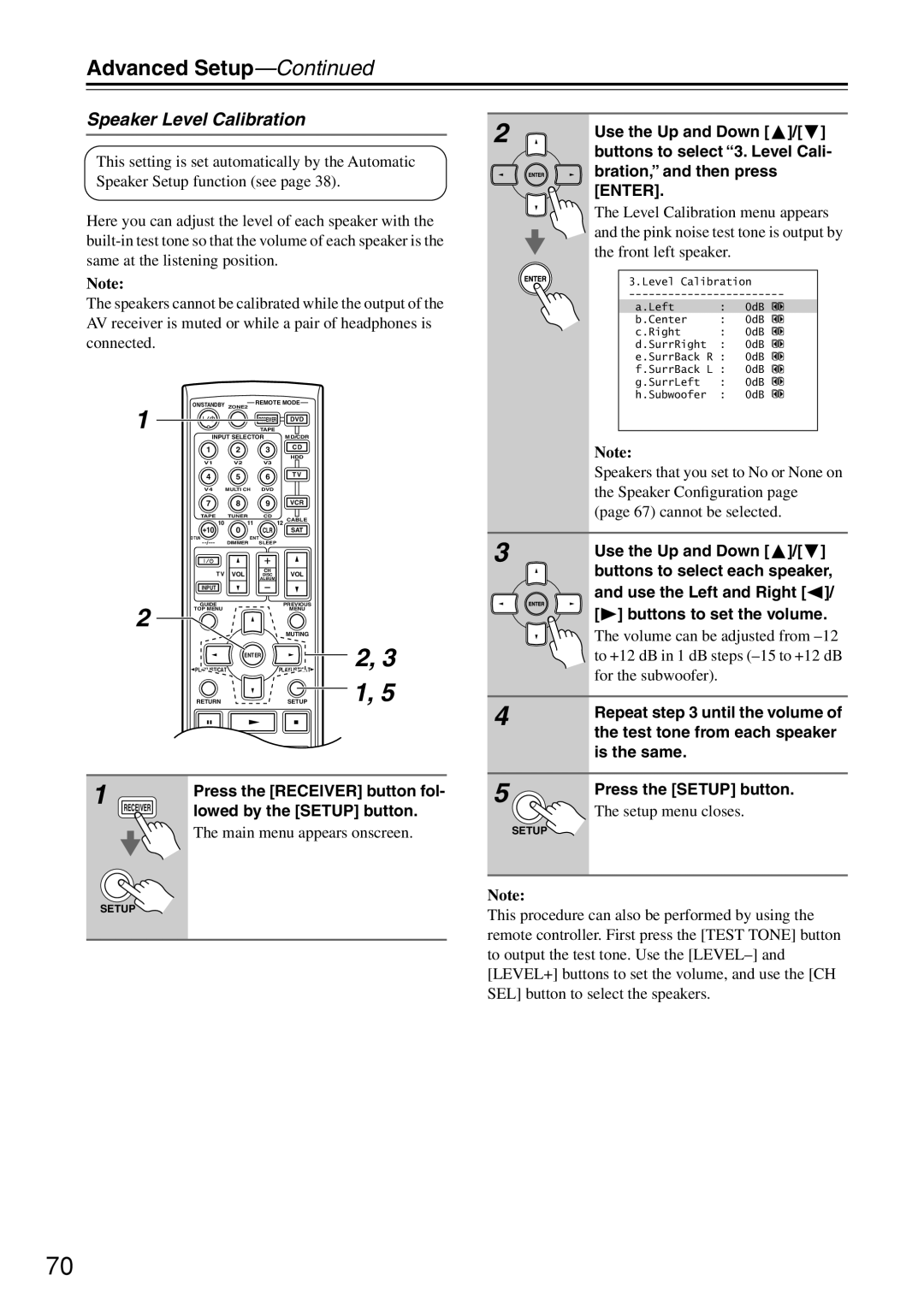 Onkyo TX-SR604/604E Speaker Level Calibration, Repeat until the volume, Test tone from each speaker, Is the same 