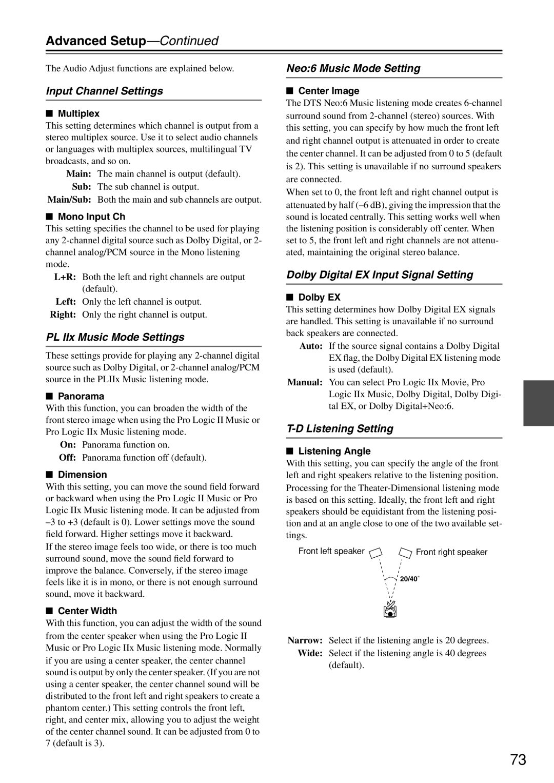 Onkyo TX-SR674/674E Input Channel Settings, PL IIx Music Mode Settings, Neo6 Music Mode Setting, Listening Setting 