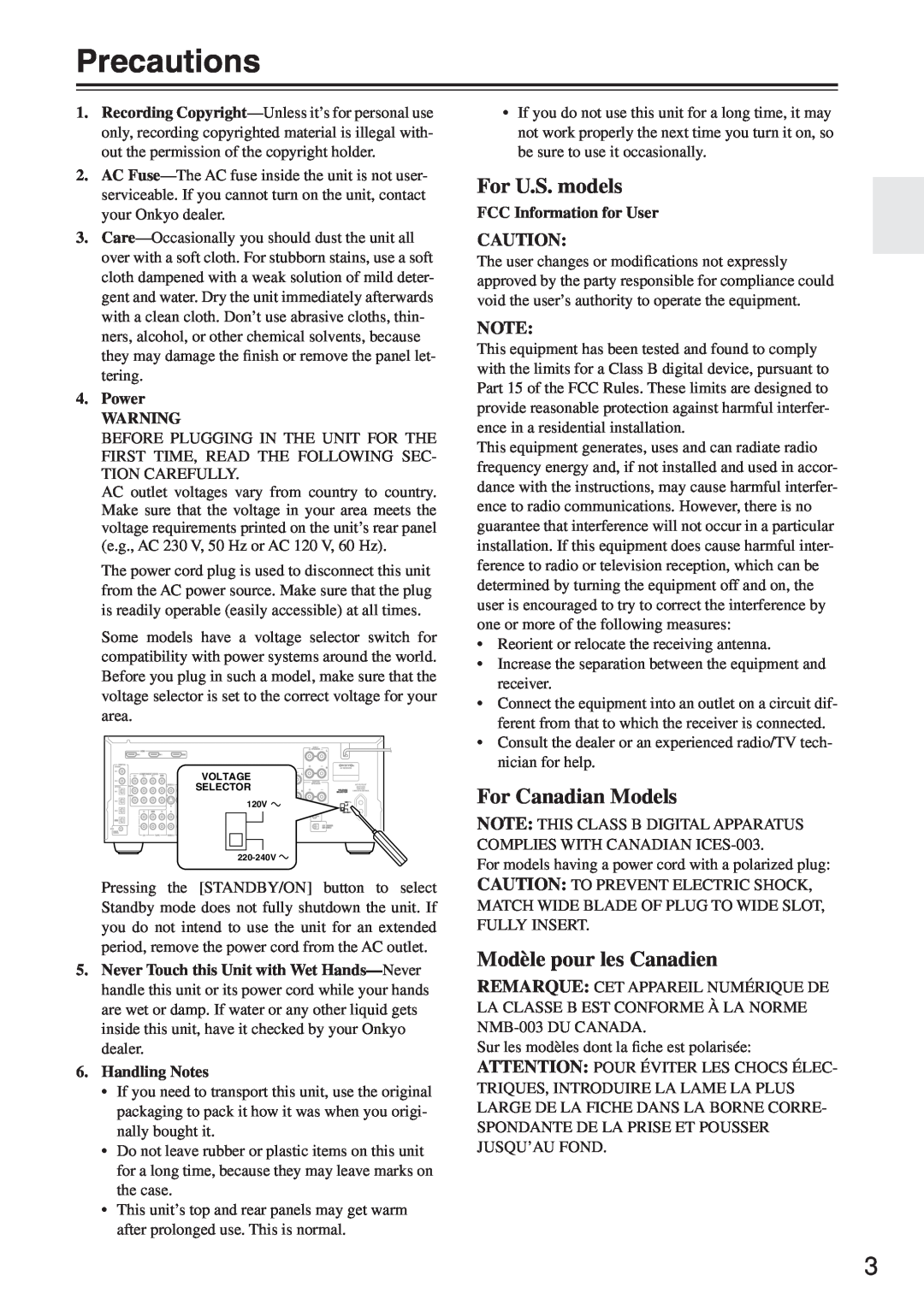 Onkyo TX-SR674/674E Precautions, For U.S. models, For Canadian Models, Modèle pour les Canadien, Power, Handling Notes 