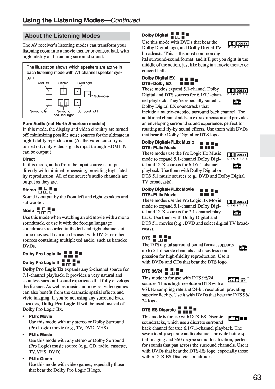 Onkyo TX-SR674/674E, TX-SR604/604E instruction manual About the Listening Modes, Using the Listening Modes—Continued 