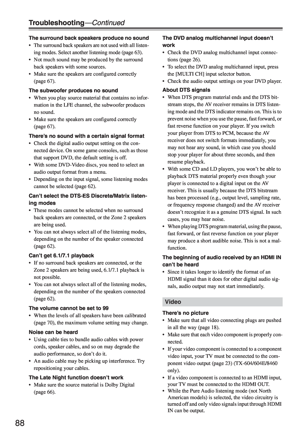 Onkyo TX-SR604/604E, TX-SR674/674E instruction manual Troubleshooting—Continued, Video 