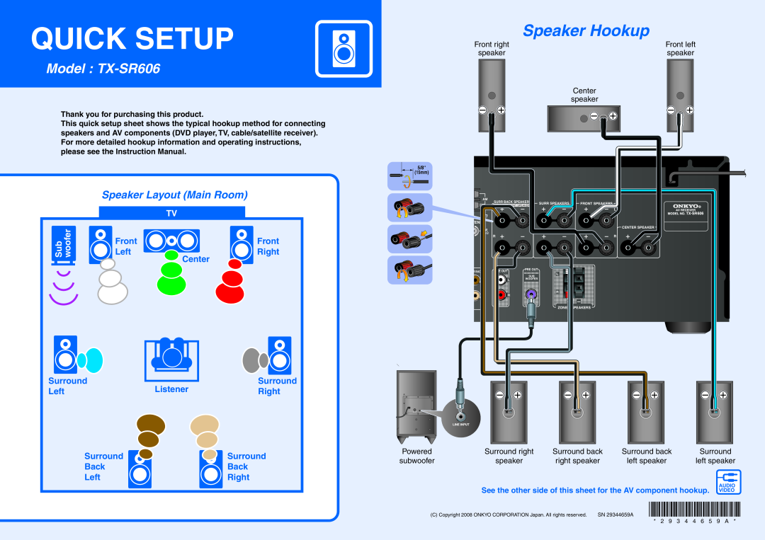 Onkyo instruction manual Quick Setup, Speaker Hookup, Model TX-SR606, Speaker Layout Main Room, Front, Left, Right 