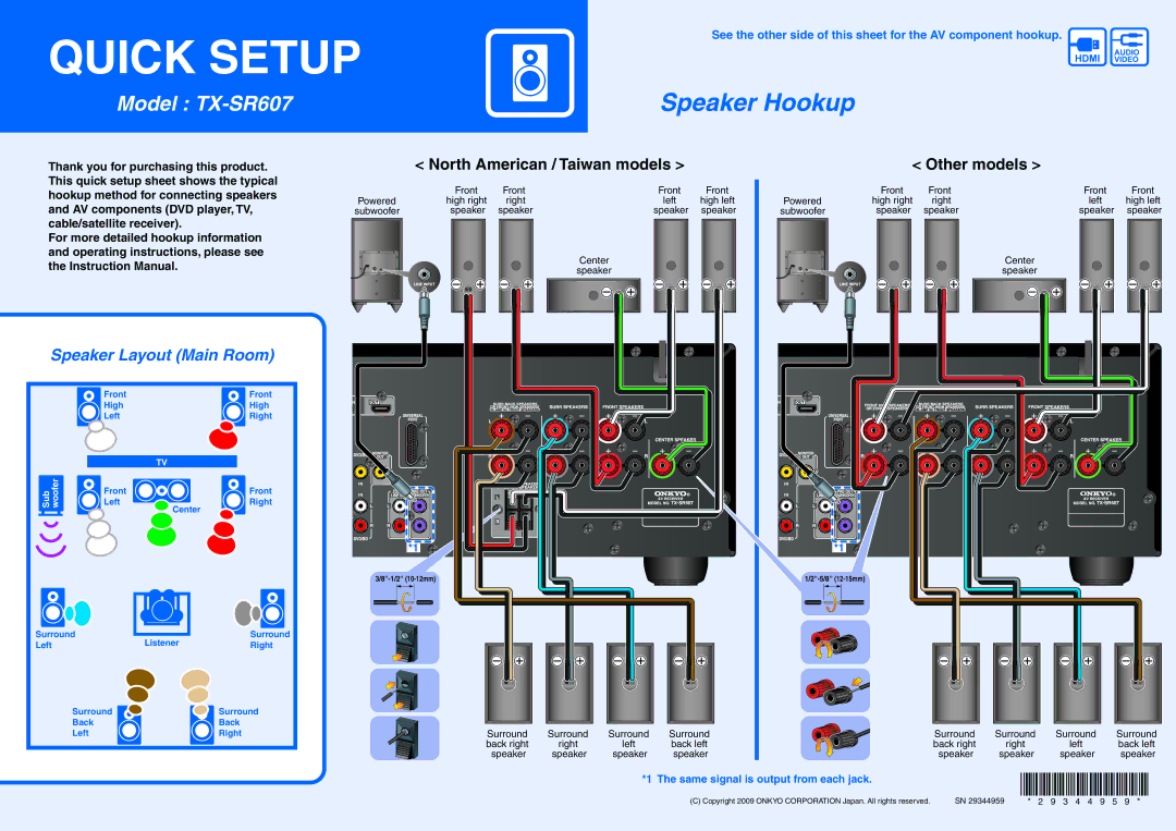 Onkyo TX-SR607 instruction manual Quick Setup 