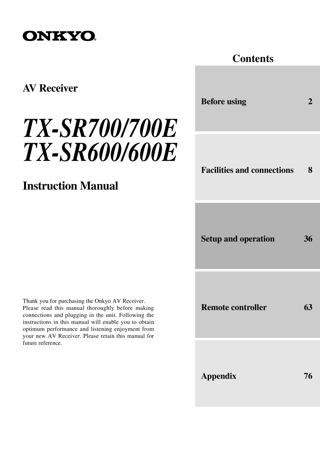 Onkyo instruction manual TX-SR700/700E TX-SR600/600E 