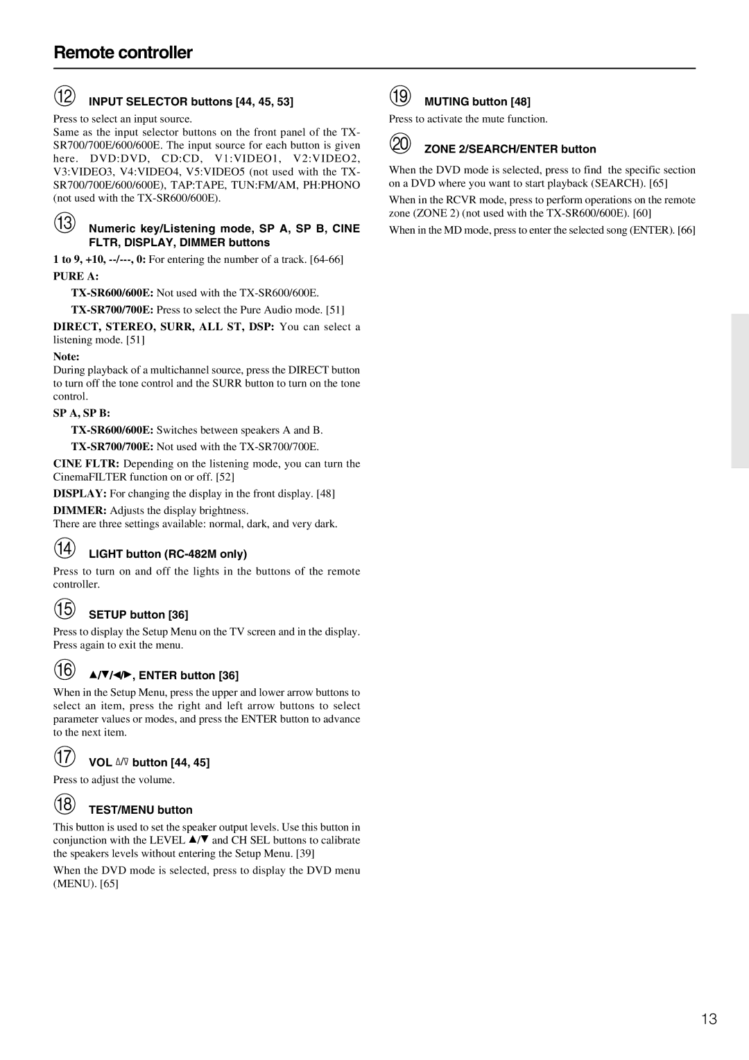 Onkyo TX-SR600/600E, TX-SR700/700E instruction manual Remote controller 