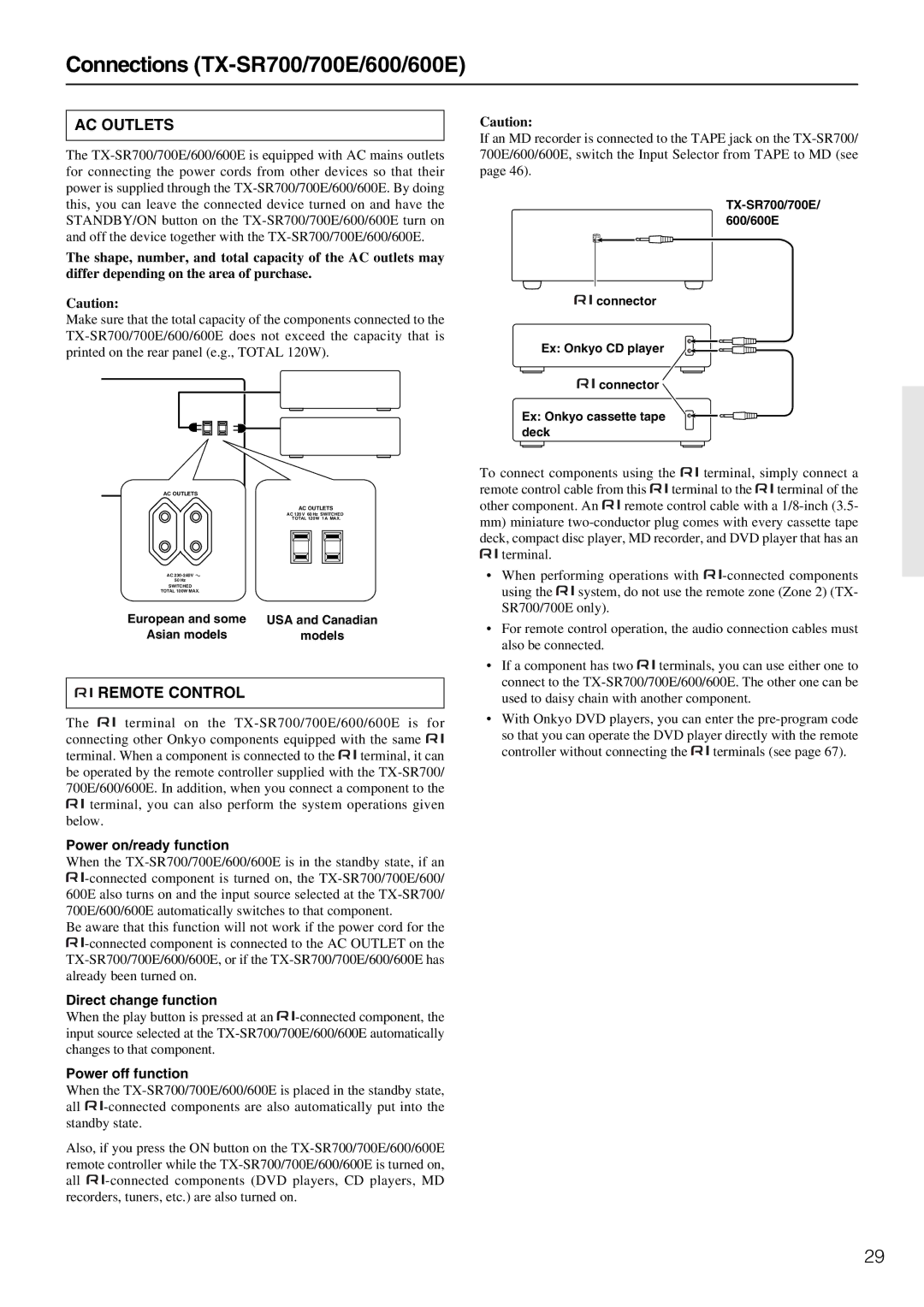 Onkyo TX-SR600/600E instruction manual Connections TX-SR700/700E/600/600E, Power on/ready function, Direct change function 