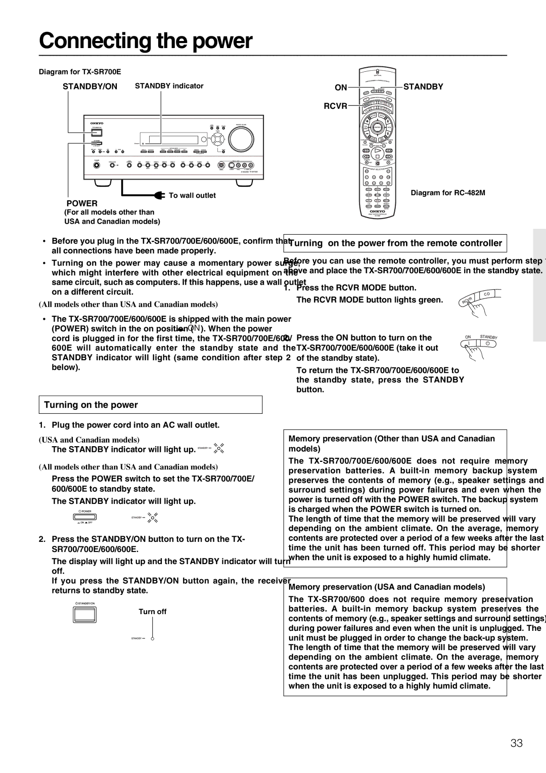 Onkyo TX-SR600/600E, TX-SR700/700E Connecting the power, Turning on the power from the remote controller 