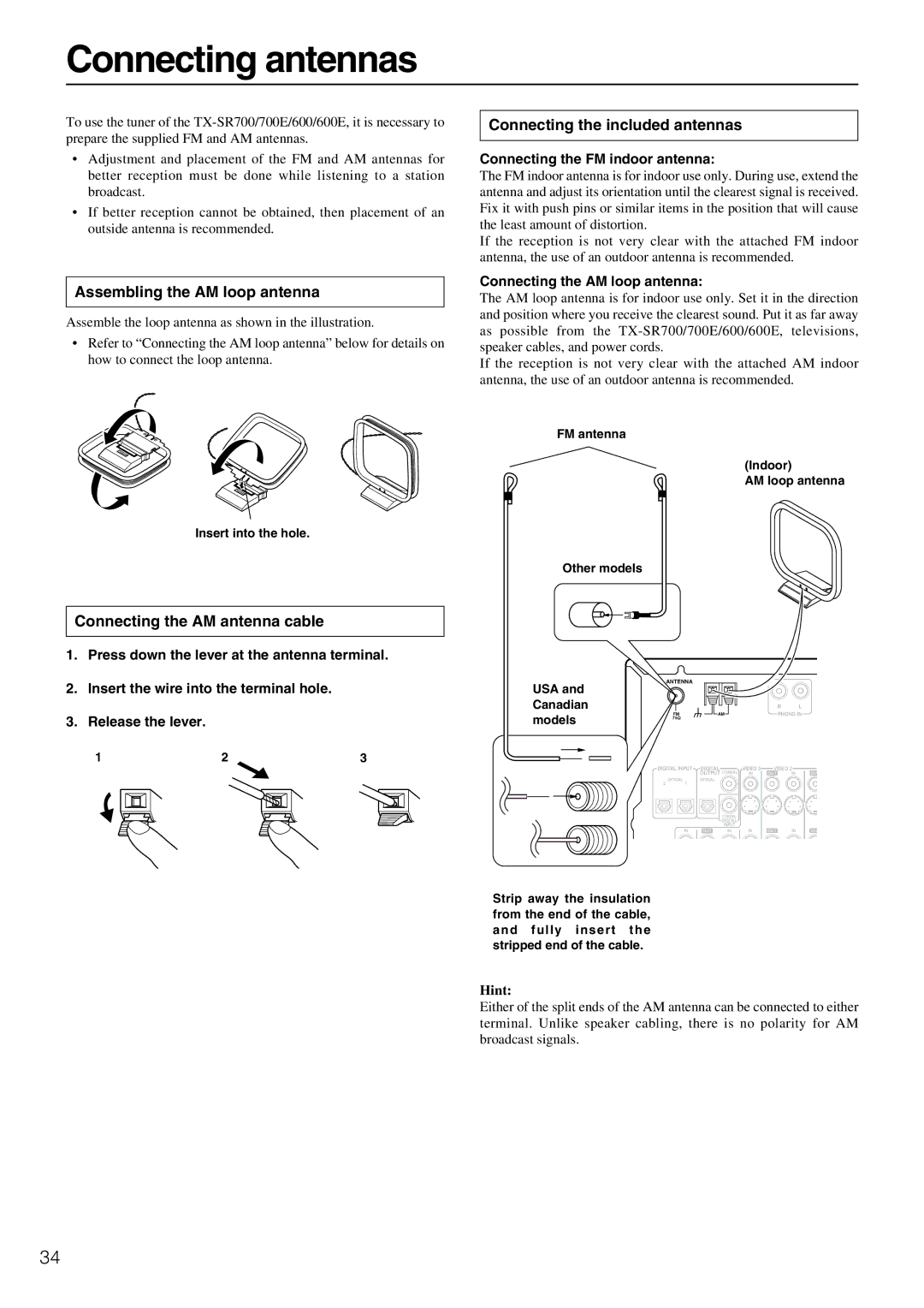 Onkyo TX-SR700/700E, TX-SR600/600E Connecting antennas, Assembling the AM loop antenna, Connecting the included antennas 