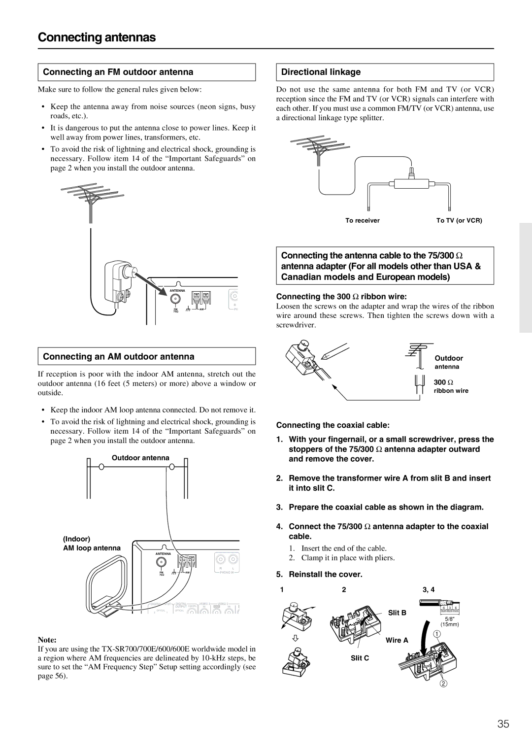 Onkyo TX-SR600/600E, TX-SR700/700E Connecting antennas, Connecting an FM outdoor antenna, Directional linkage 