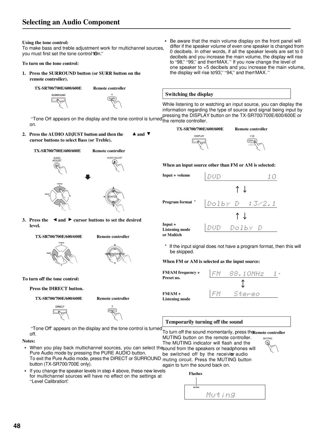 Onkyo TX-SR700/700E, TX-SR600/600E instruction manual Switching the display, Temporarily turning off the sound 