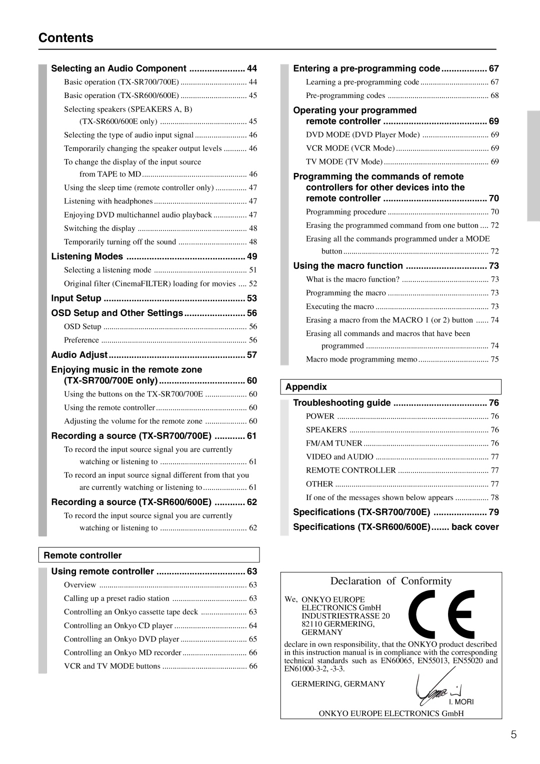 Onkyo TX-SR600/600E, TX-SR700/700E instruction manual Contents 