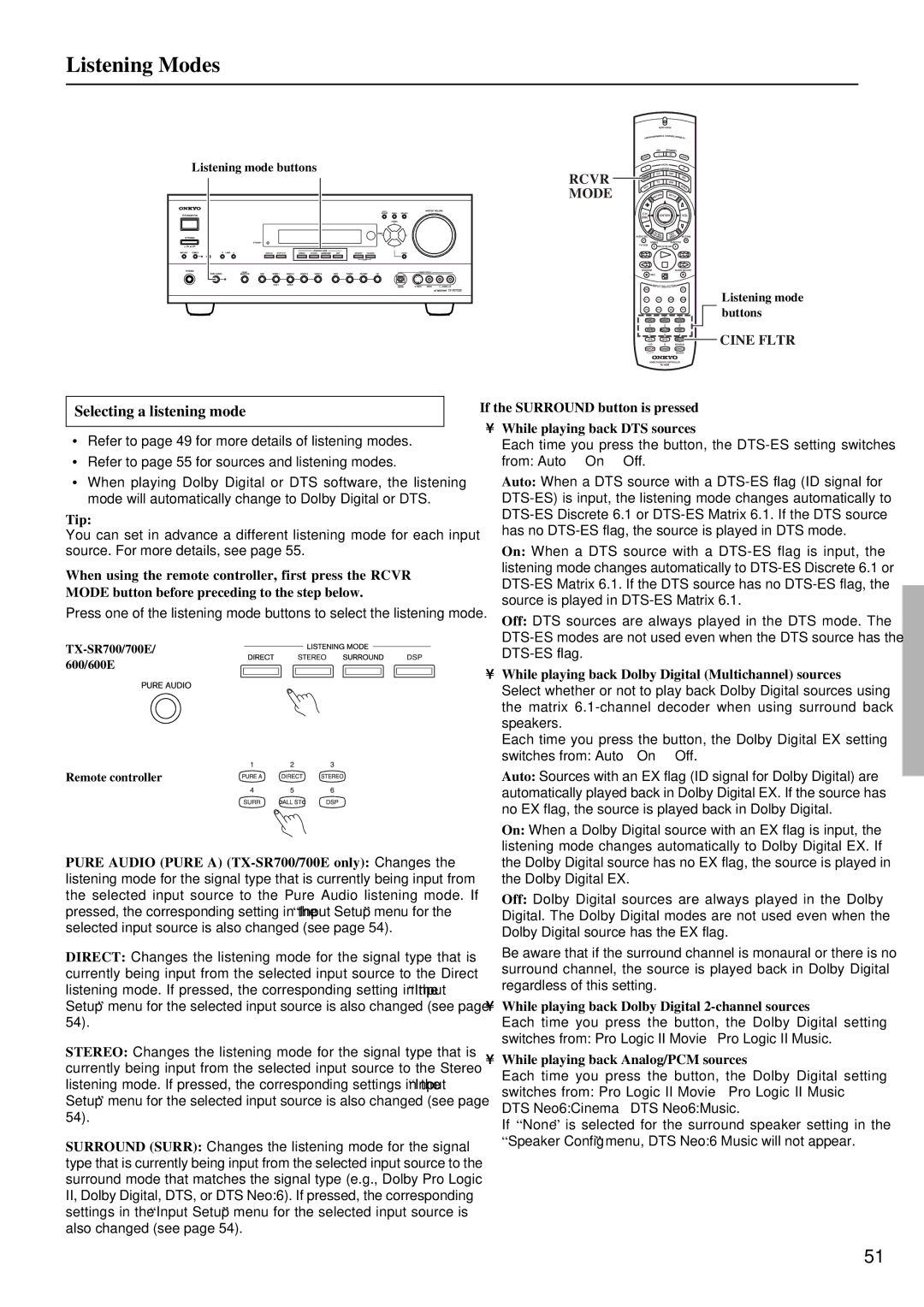 Onkyo TX-SR600/600E Selecting a listening mode, Tip, Cine Fltr, While playing back Dolby Digital 2-channel sources 