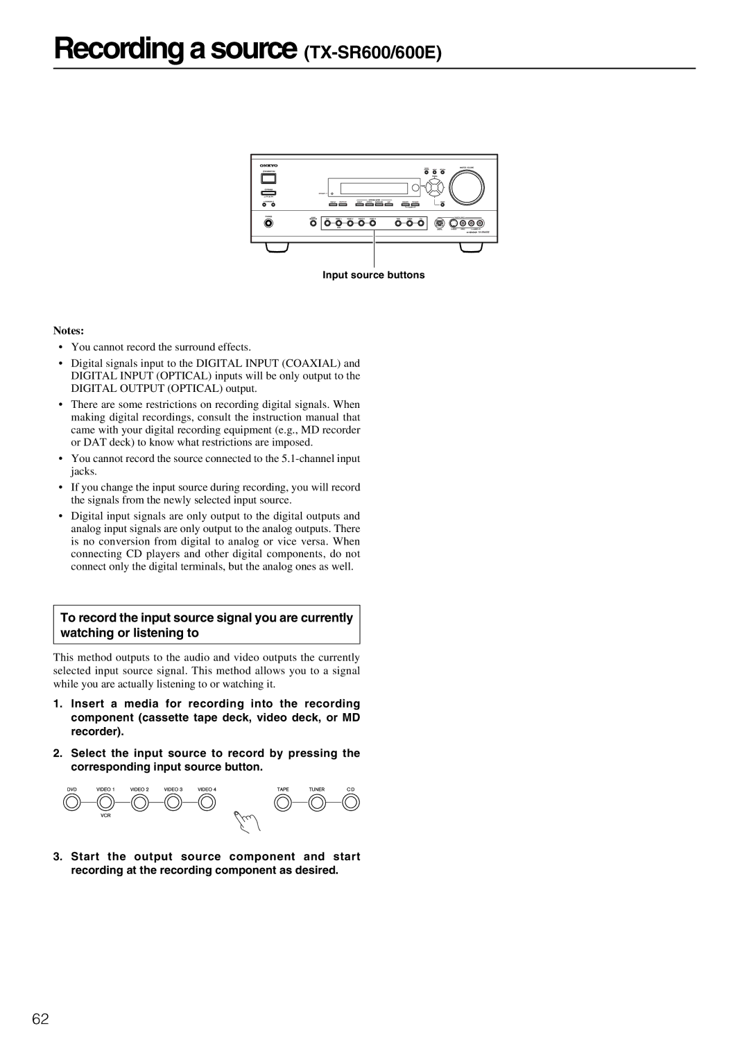 Onkyo TX-SR700/700E instruction manual Recording a source TX-SR600/600E 