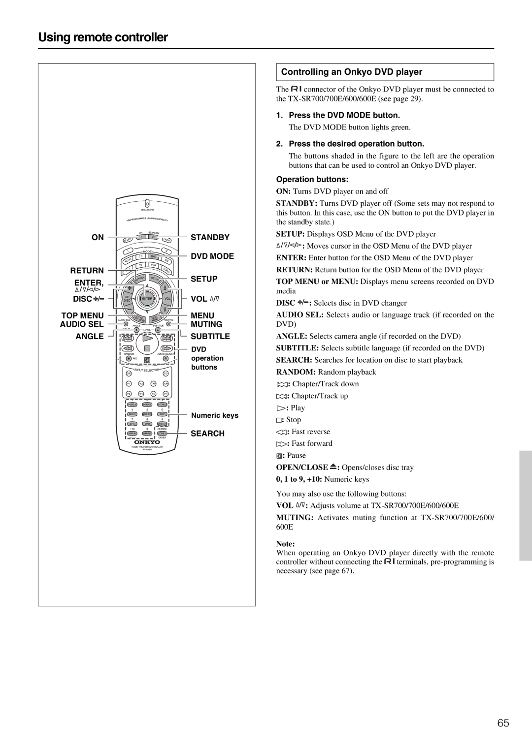 Onkyo TX-SR600/600E Controlling an Onkyo DVD player, Search, Press the DVD Mode button, DVD operation buttons Numeric keys 