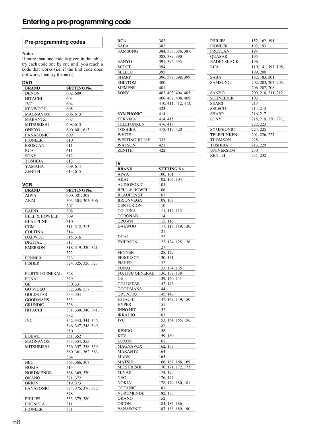 Onkyo TX-SR700/700E, TX-SR600/600E instruction manual Entering a pre-programming code, Pre-programming codes, Dvd, Vcr 