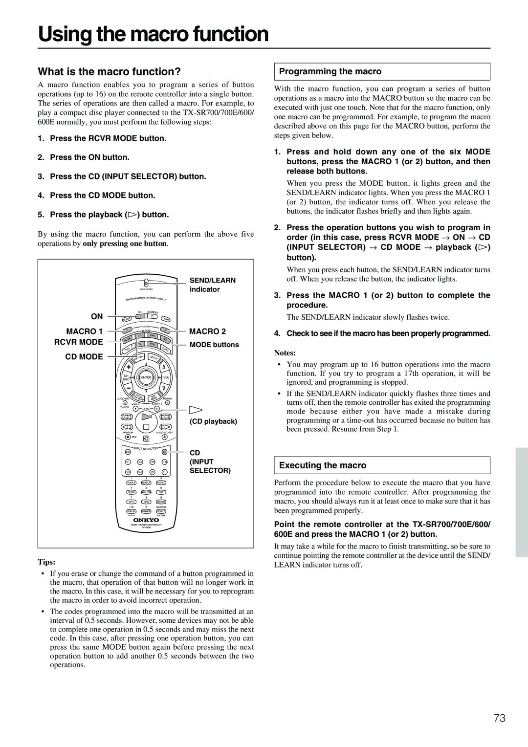 Onkyo TX-SR600/600E Using the macro function, Programming the macro, Executing the macro, Macro 1 Rcvr Mode CD Mode 