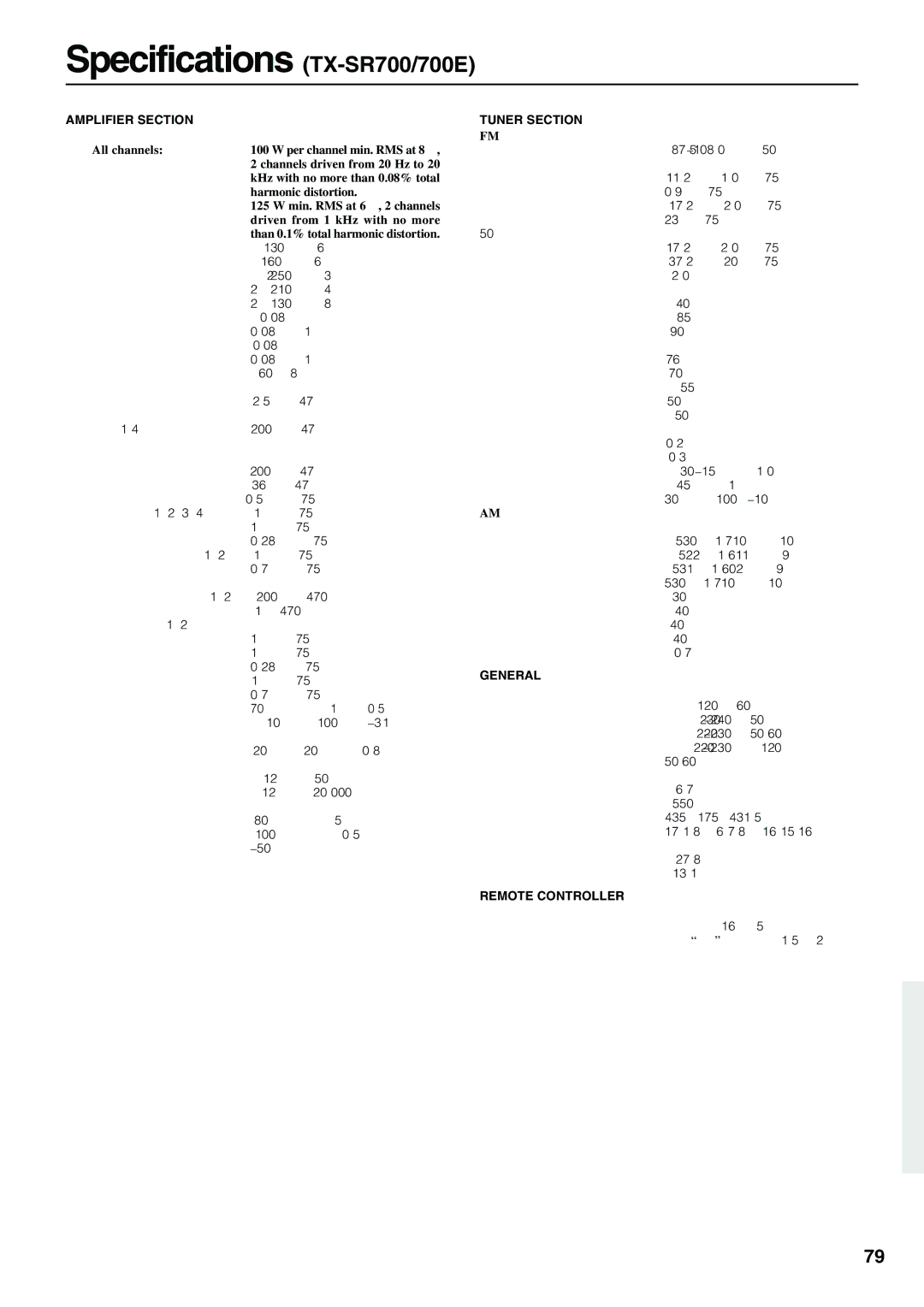 Onkyo TX-SR600/600E instruction manual Specifications TX-SR700/700E, Amplifier Section Tuner Section 