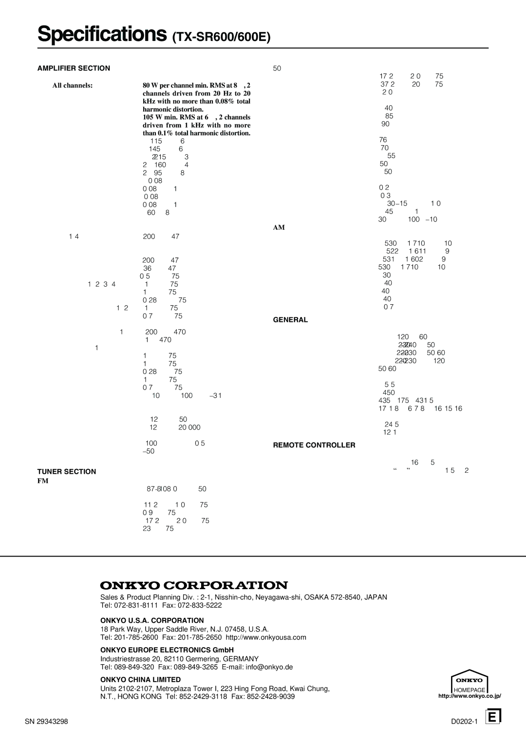 Onkyo TX-SR700/700E instruction manual Specifications TX-SR600/600E, Onkyo Europe Electronics GmbH 