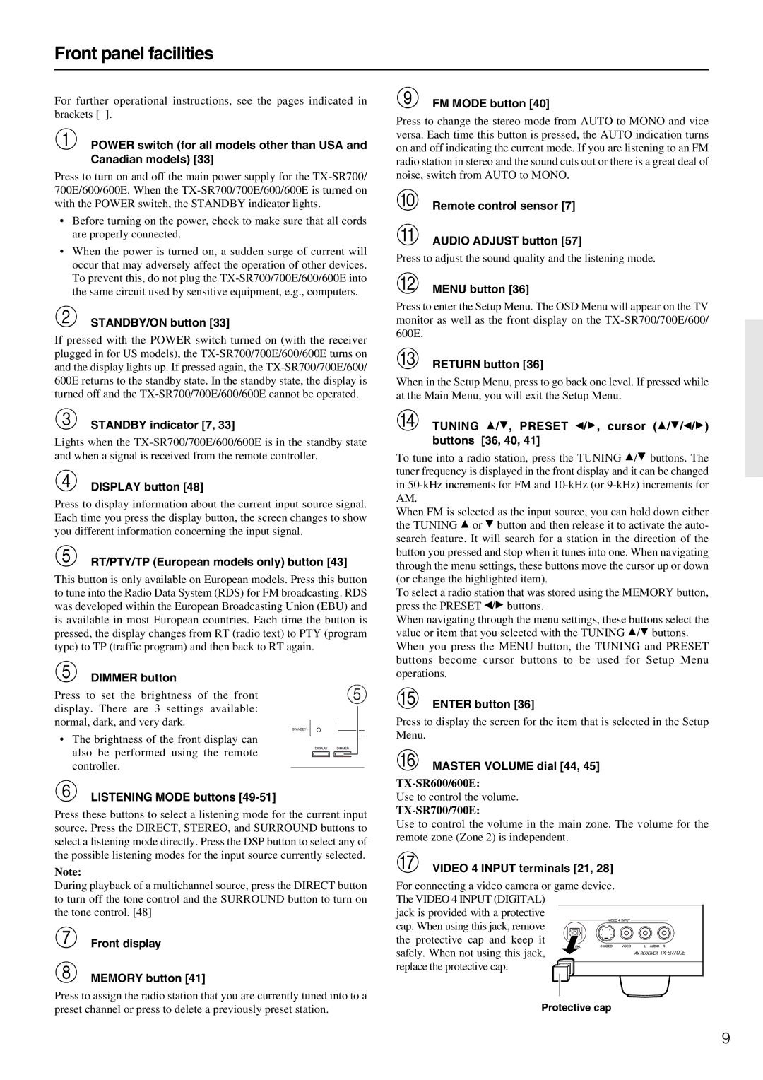 Onkyo TX-SR600/600E, TX-SR700/700E instruction manual Front panel facilities, Tuning 