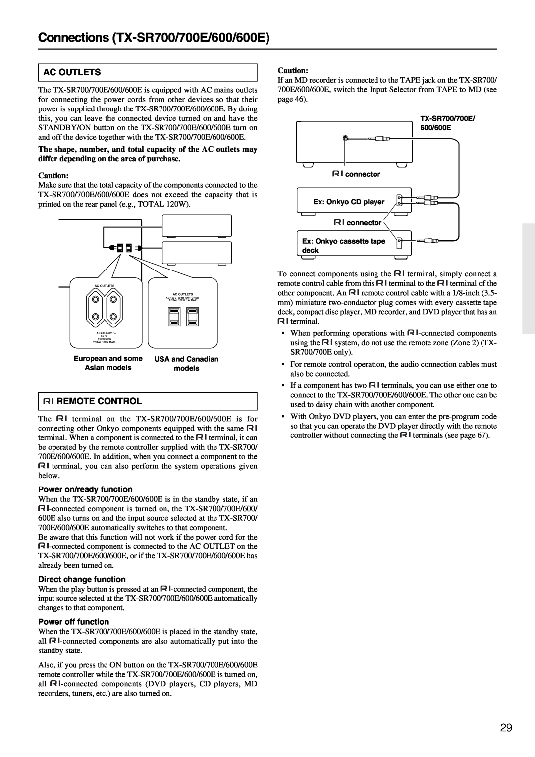 Onkyo TX-SR600/600E instruction manual Connections TX-SR700/700E/600/600E, Ac Outlets, Remote Control 