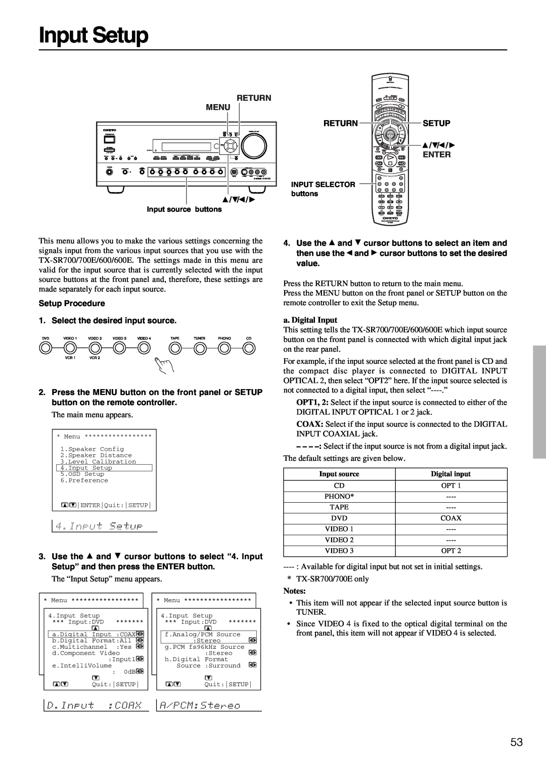 Onkyo TX-SR600/600E, TX-SR700/700E instruction manual Input Setup, a. Digital Input, Notes 
