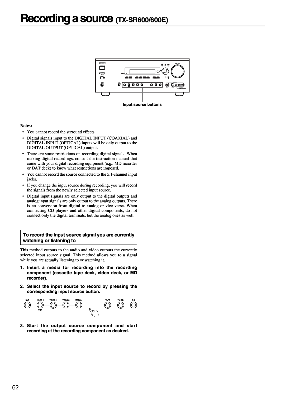 Onkyo TX-SR700/700E instruction manual Recording a source TX-SR600/600E, Notes 
