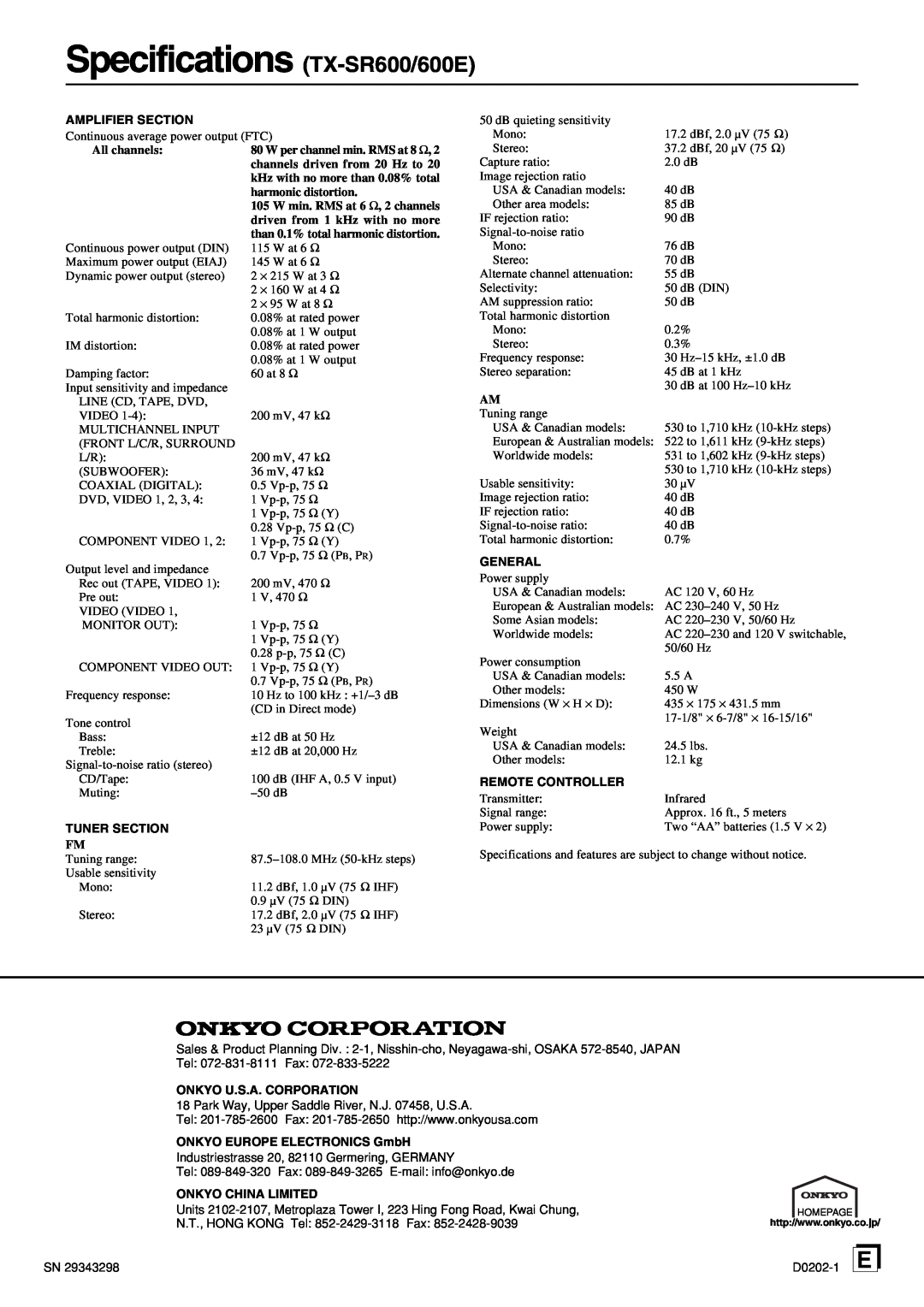 Onkyo TX-SR700/700E instruction manual Specifications TX-SR600/600E 