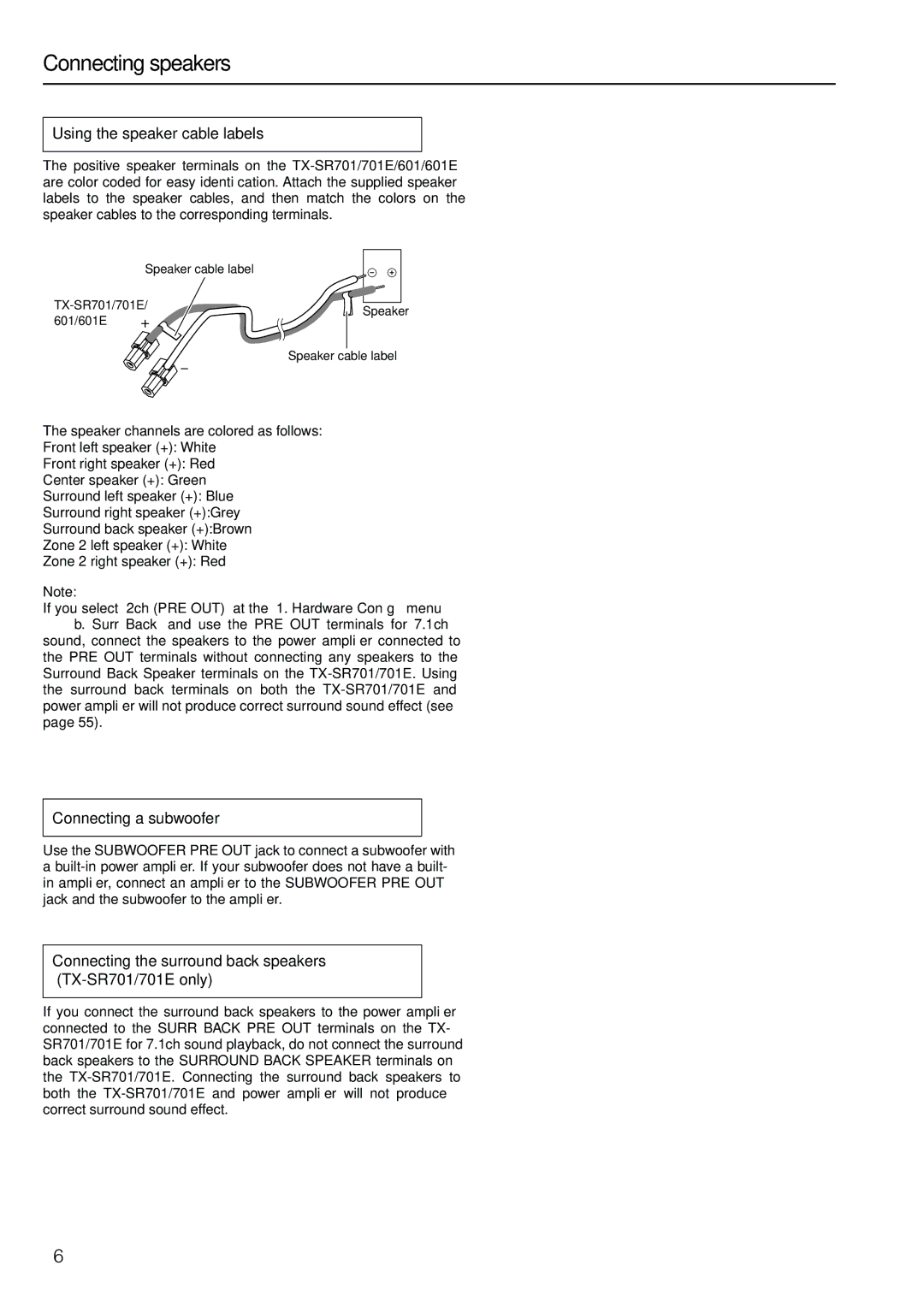 Onkyo TX-SR601E, TX-SR701E instruction manual Connecting speakers, Using the speaker cable labels, Connecting a subwoofer 