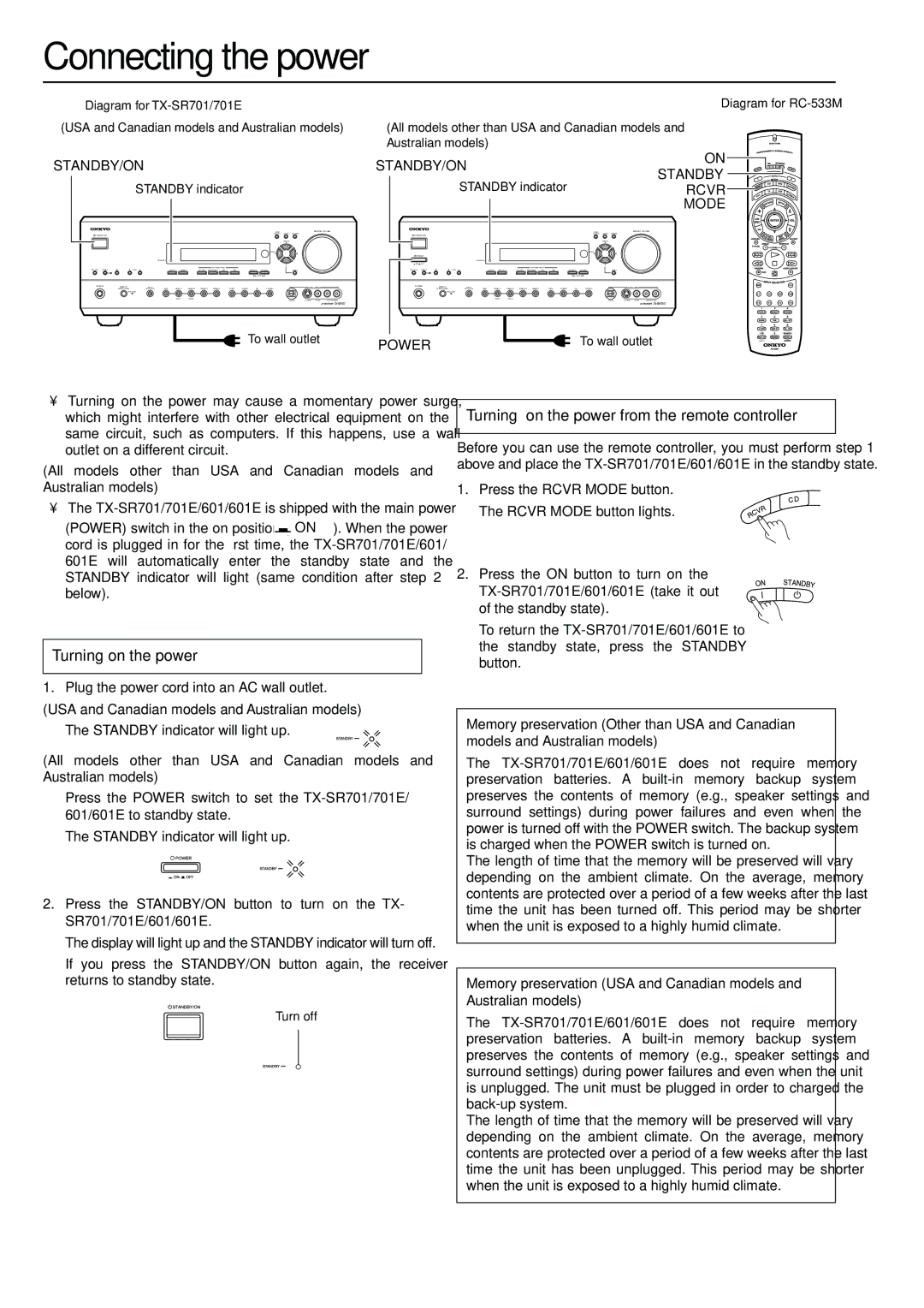 Onkyo TX-SR701E, TX-SR601E instruction manual Connecting the power, Turning on the power from the remote controller 