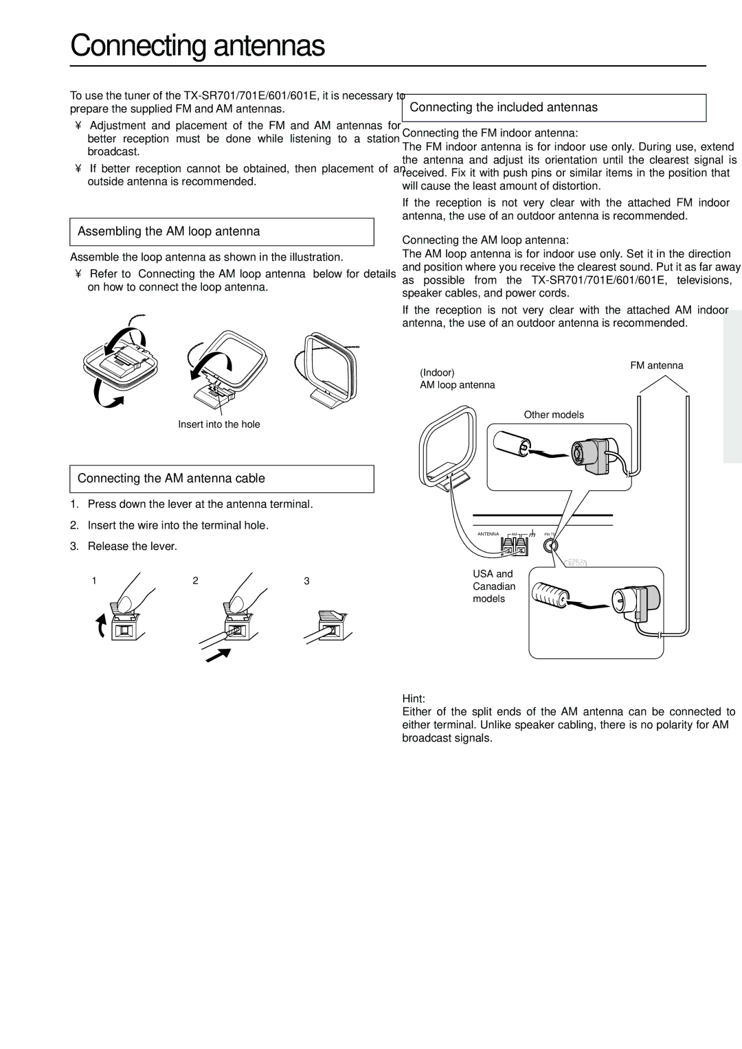 Onkyo TX-SR701E, TX-SR601E Connecting antennas, Assembling the AM loop antenna, Connecting the included antennas 