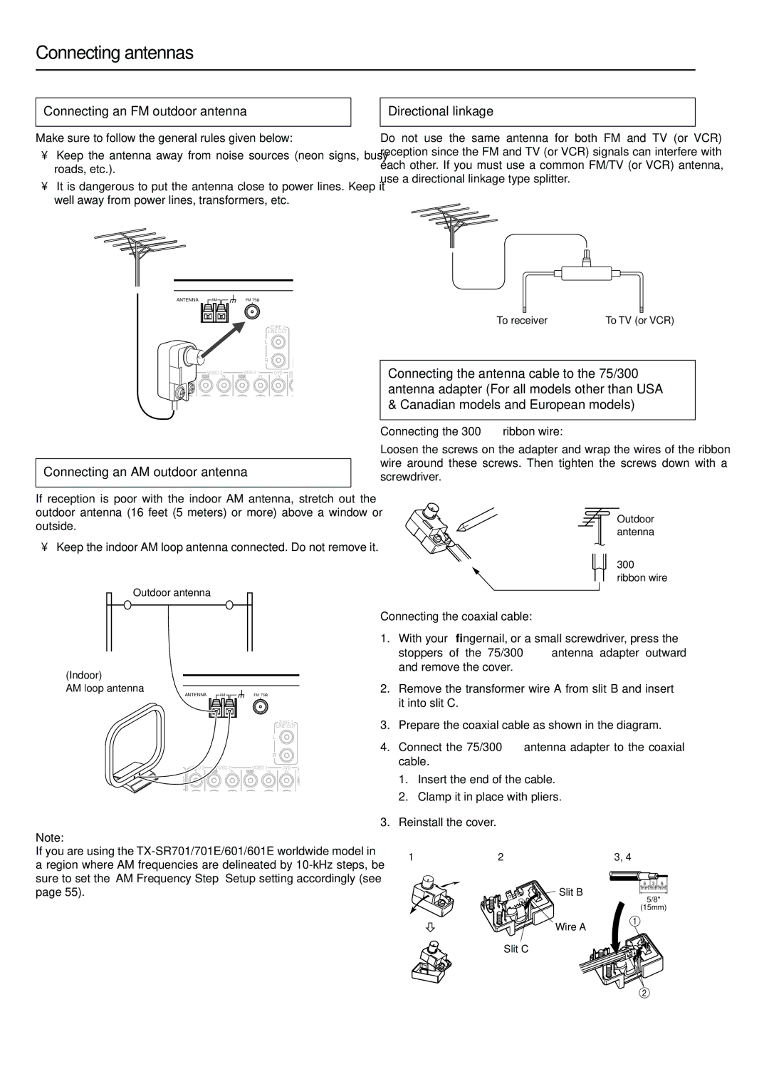 Onkyo TX-SR601E, TX-SR701 Connecting antennas, Connecting an FM outdoor antenna, Connecting an AM outdoor antenna 