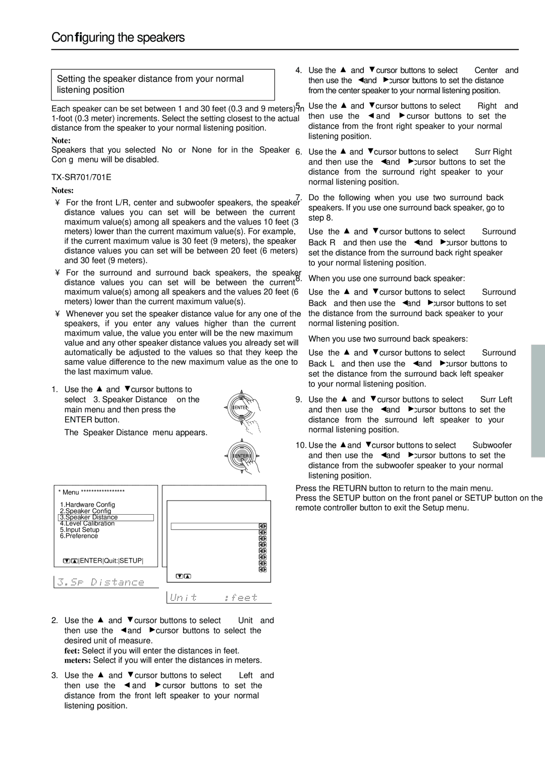 Onkyo TX-SR701E, TX-SR601E instruction manual Speaker Distance menu appears 