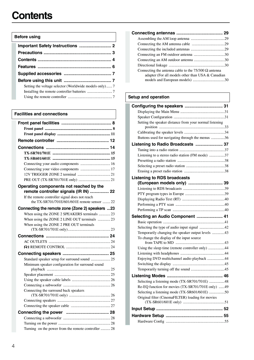 Onkyo TX-SR701E, TX-SR601E instruction manual Contents 