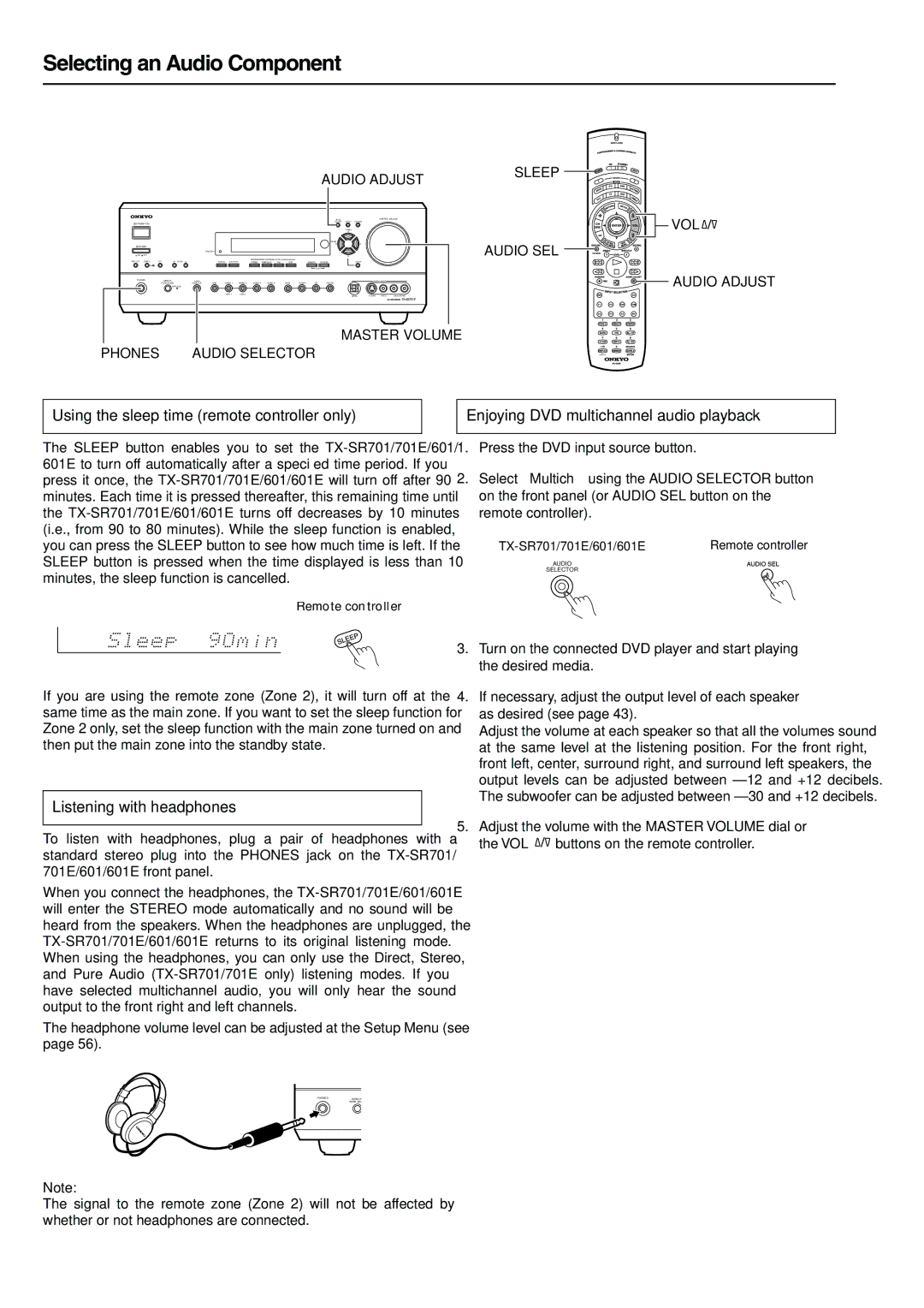 Onkyo TX-SR701E, TX-SR601E instruction manual Using the sleep time remote controller only, Listening with headphones 