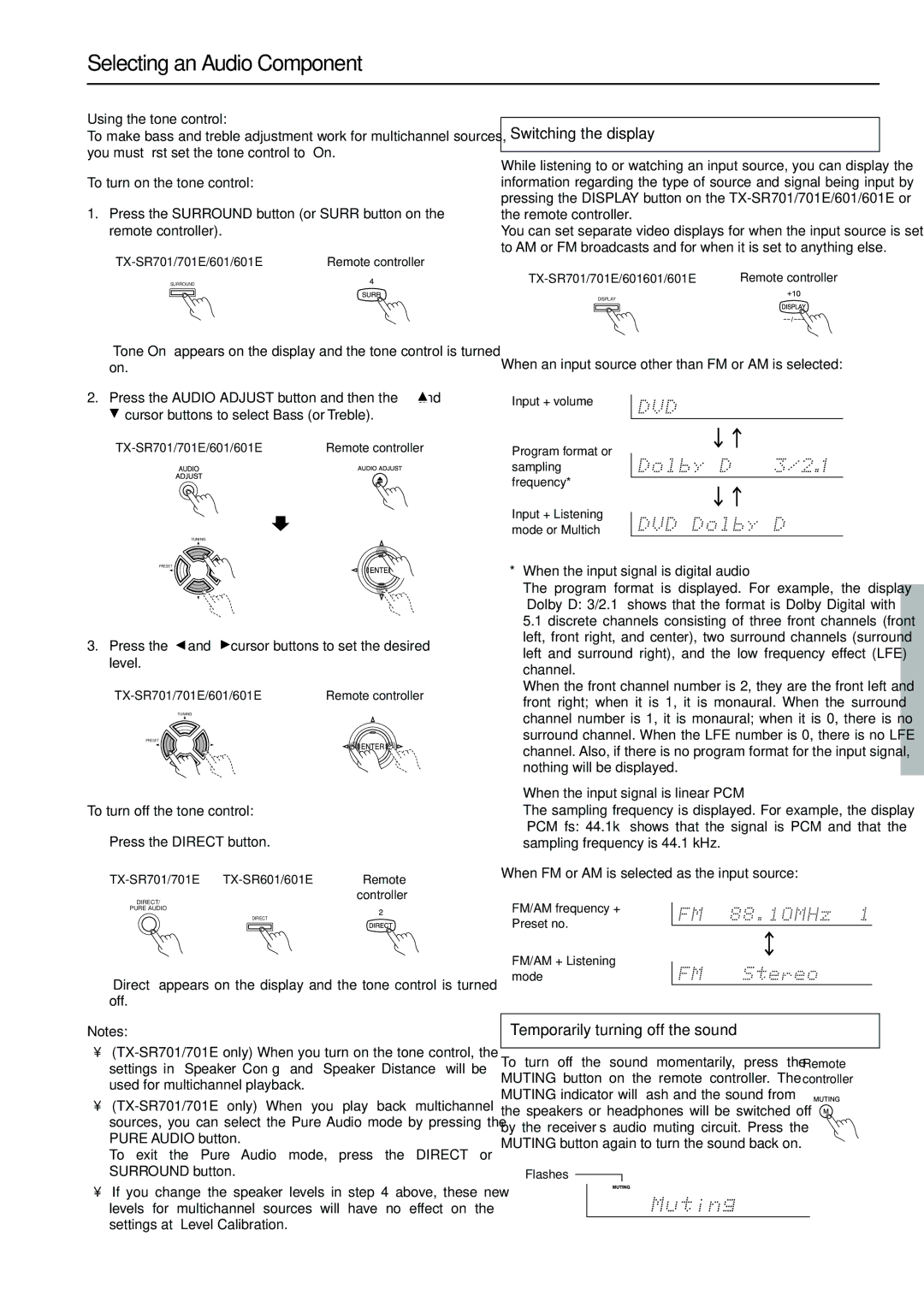 Onkyo TX-SR701E, TX-SR601E instruction manual Switching the display, Temporarily turning off the sound 