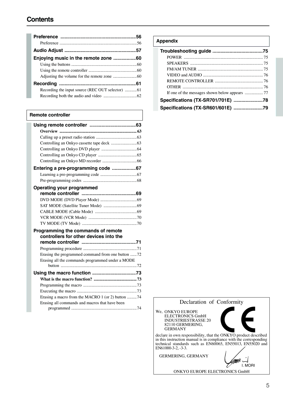 Onkyo TX-SR701E, TX-SR601E instruction manual Contents 