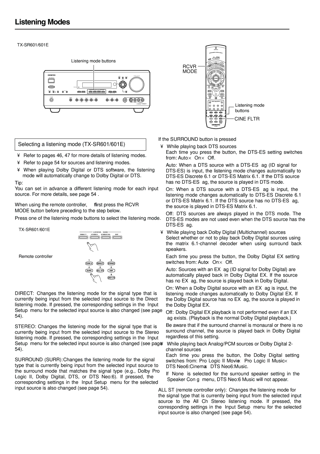 Onkyo TX-SR601E, TX-SR701 Selecting a listening mode TX-SR601/601E, Cine Fltr, TX-SR601/601E Listening mode buttons 