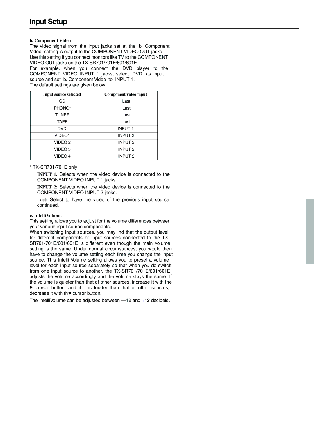 Onkyo TX-SR701E, TX-SR601E instruction manual Input Setup, Component Video, IntelliVolume 