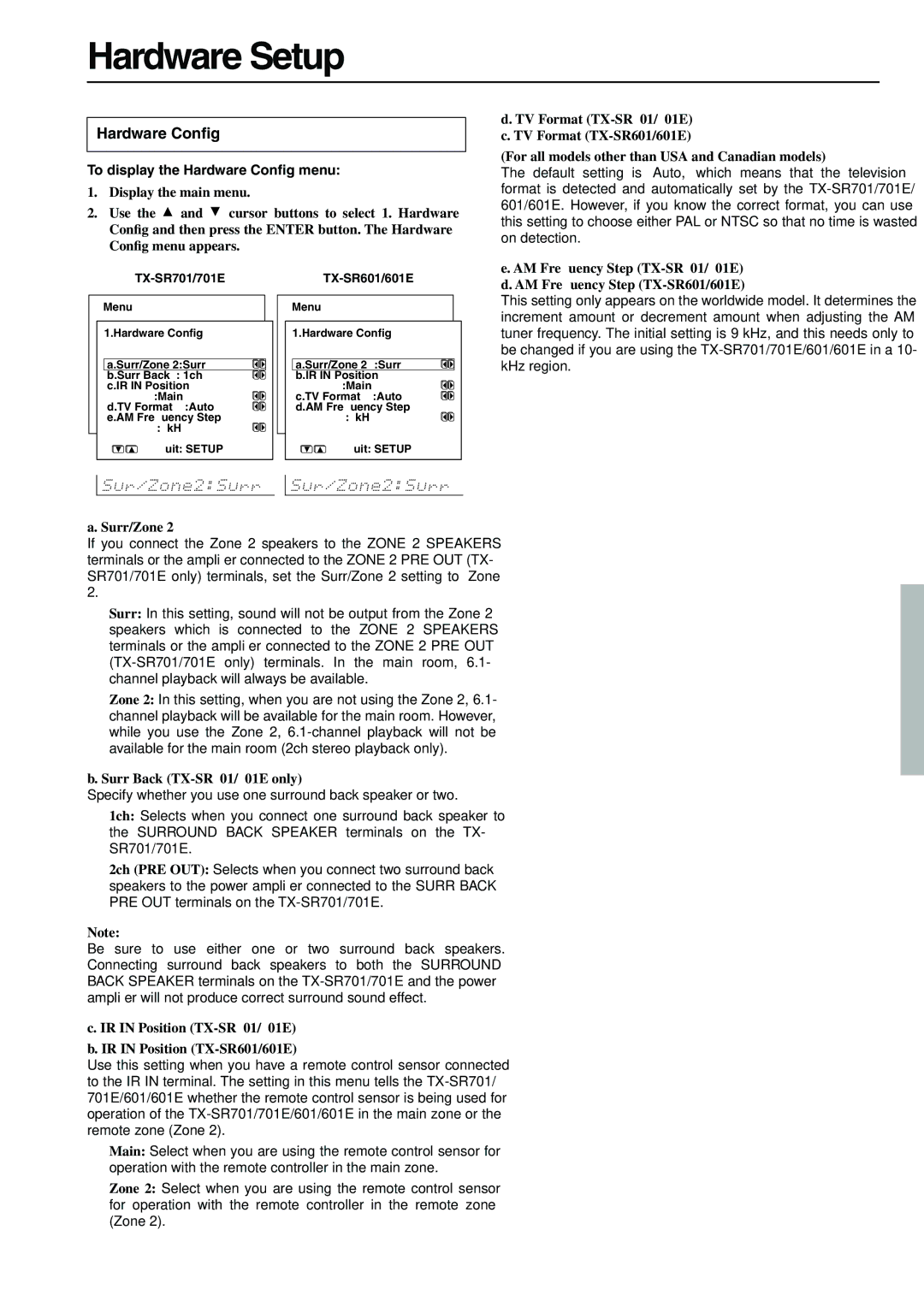 Onkyo TX-SR701E, TX-SR601E instruction manual Hardware Setup, To display the Hardware Conﬁg menu 