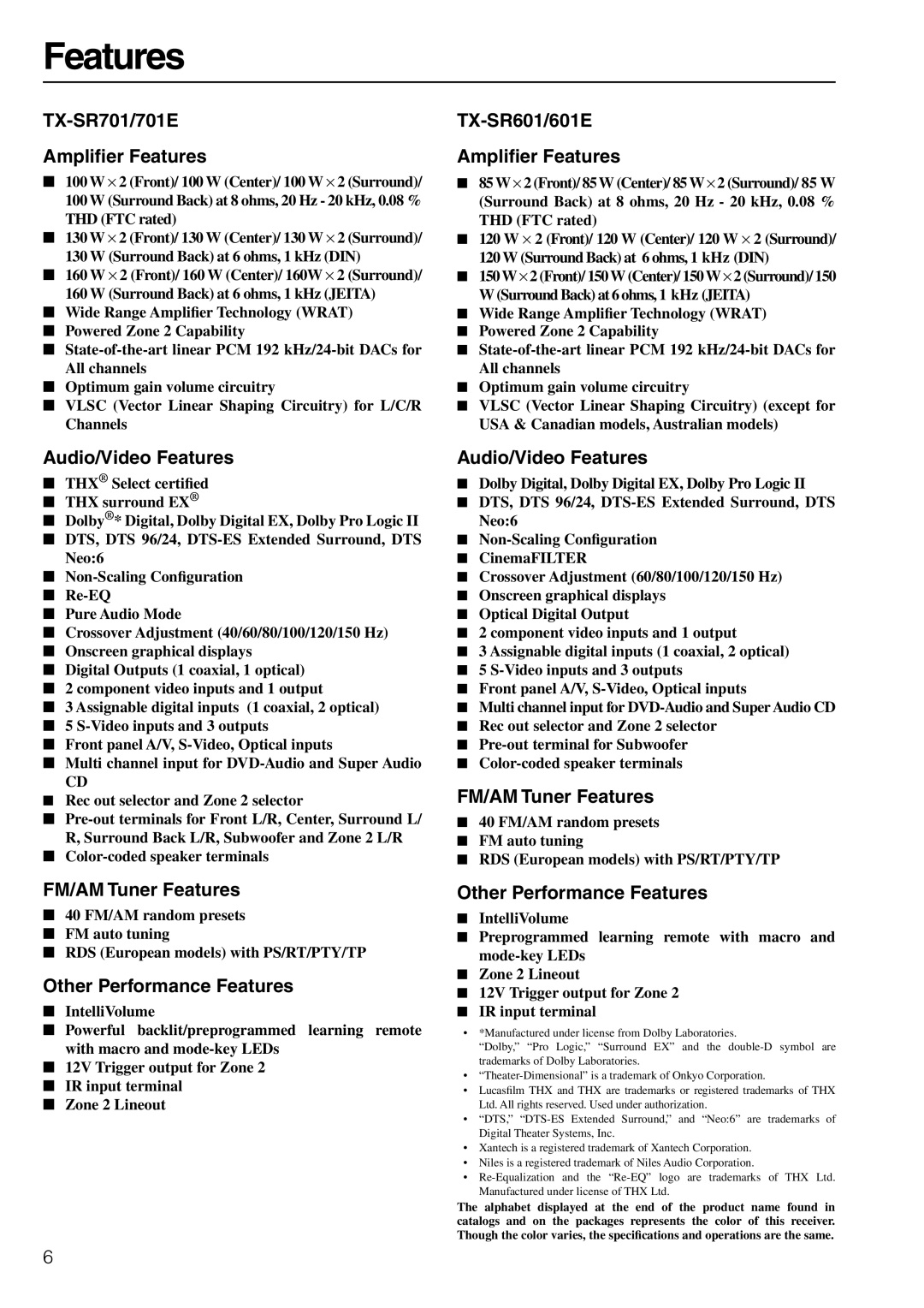 Onkyo TX-SR601E, TX-SR701E instruction manual TX-SR701/701E Ampliﬁer Features 